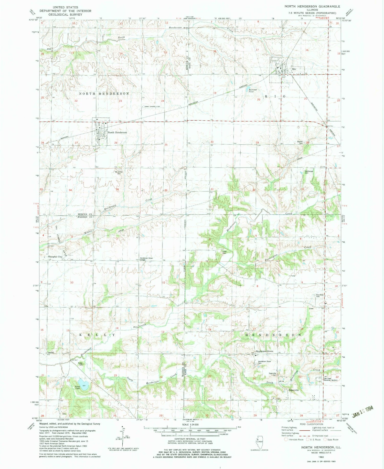 Classic USGS North Henderson Illinois 7.5'x7.5' Topo Map Image
