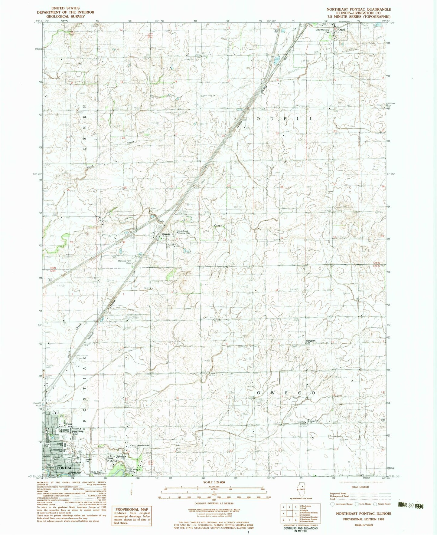 Classic USGS Northeast Pontiac Illinois 7.5'x7.5' Topo Map Image