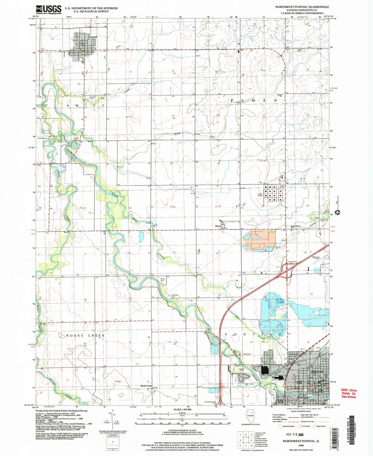 Classic USGS Northwest Pontiac Illinois 7.5'x7.5' Topo Map Image