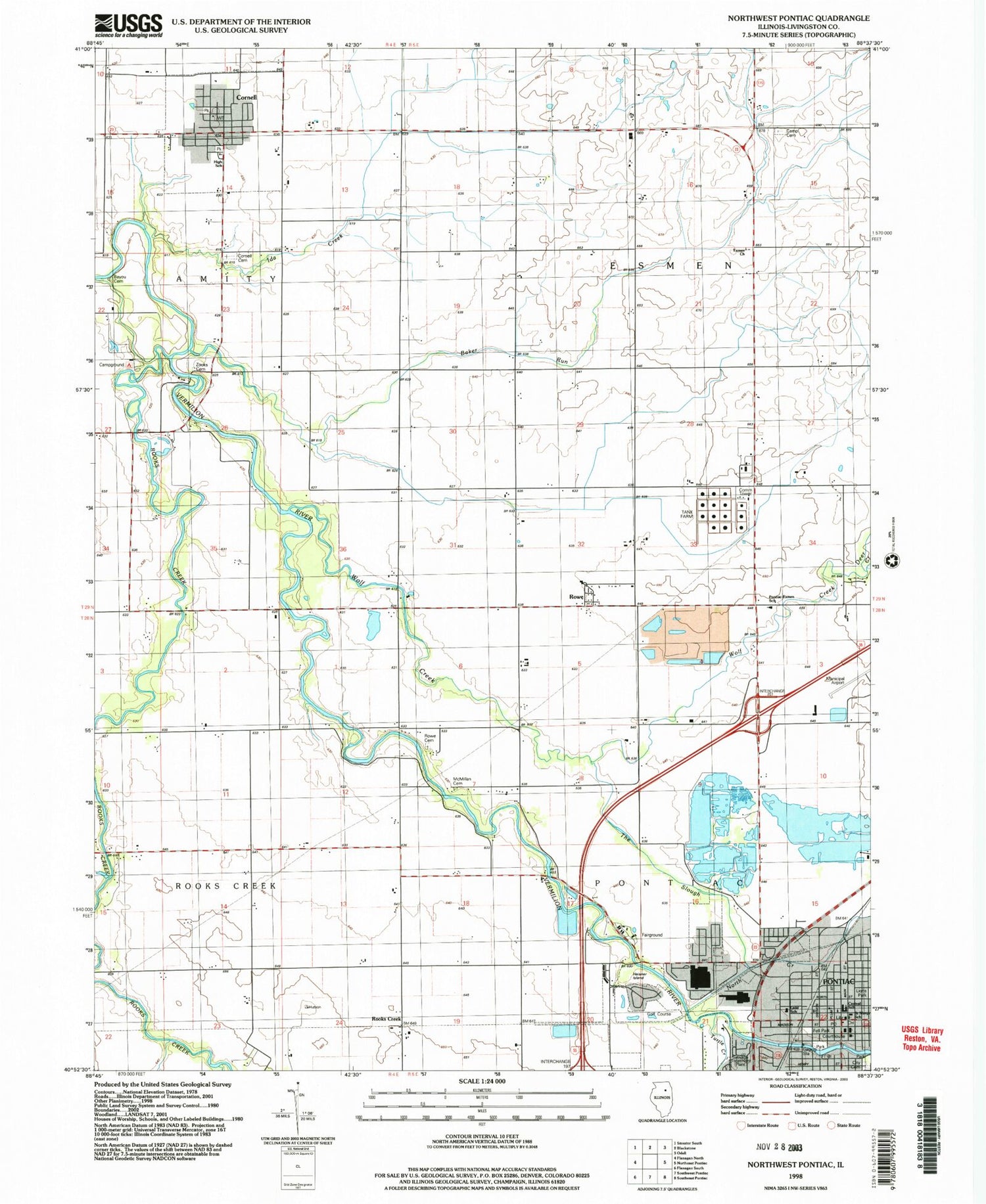 Classic USGS Northwest Pontiac Illinois 7.5'x7.5' Topo Map Image