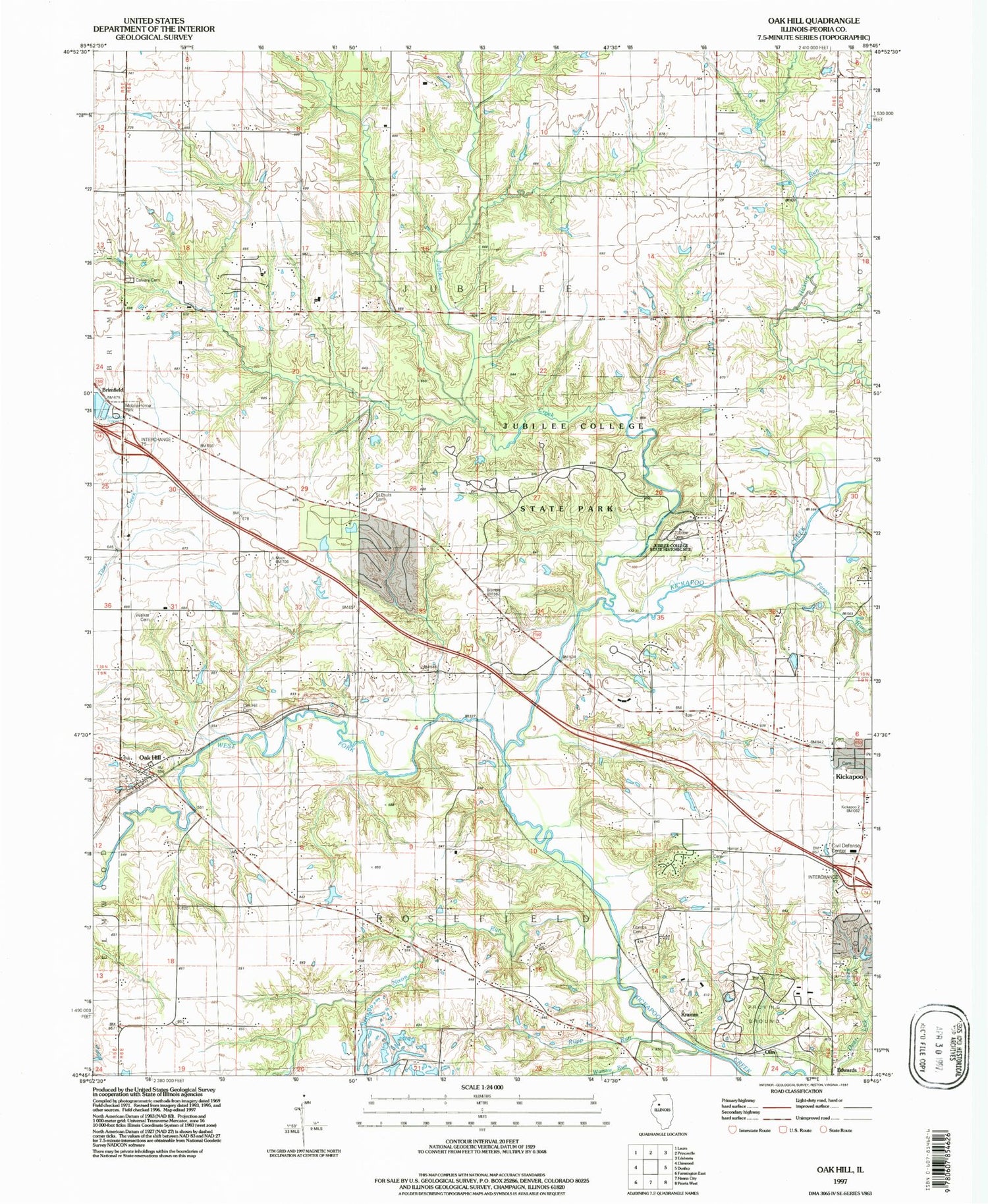 Classic USGS Oak Hill Illinois 7.5'x7.5' Topo Map Image