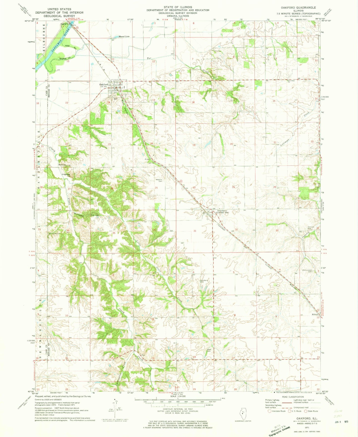 Classic USGS Oakford Illinois 7.5'x7.5' Topo Map Image