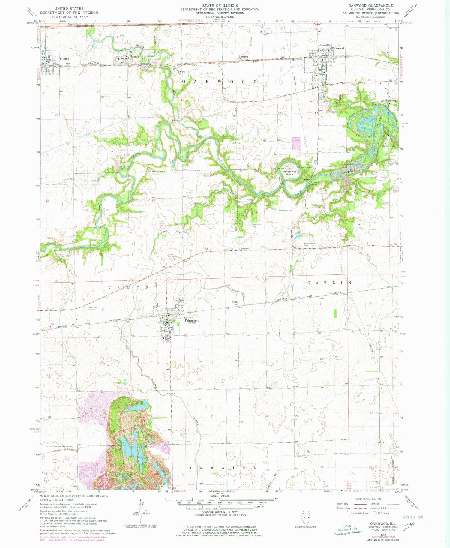 Classic USGS Oakwood Illinois 7.5'x7.5' Topo Map Image