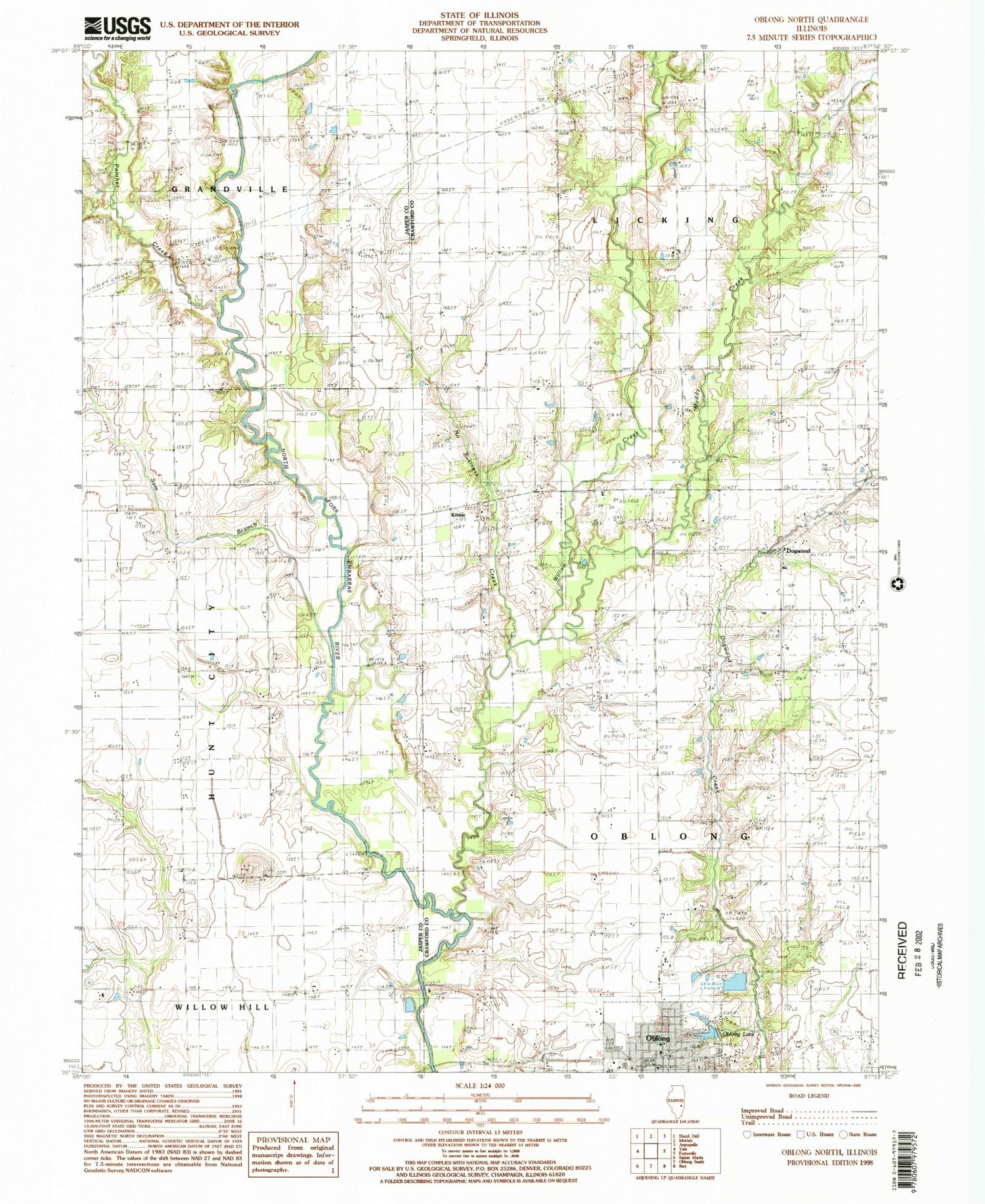 Classic USGS Oblong North Illinois 7.5'x7.5' Topo Map Image