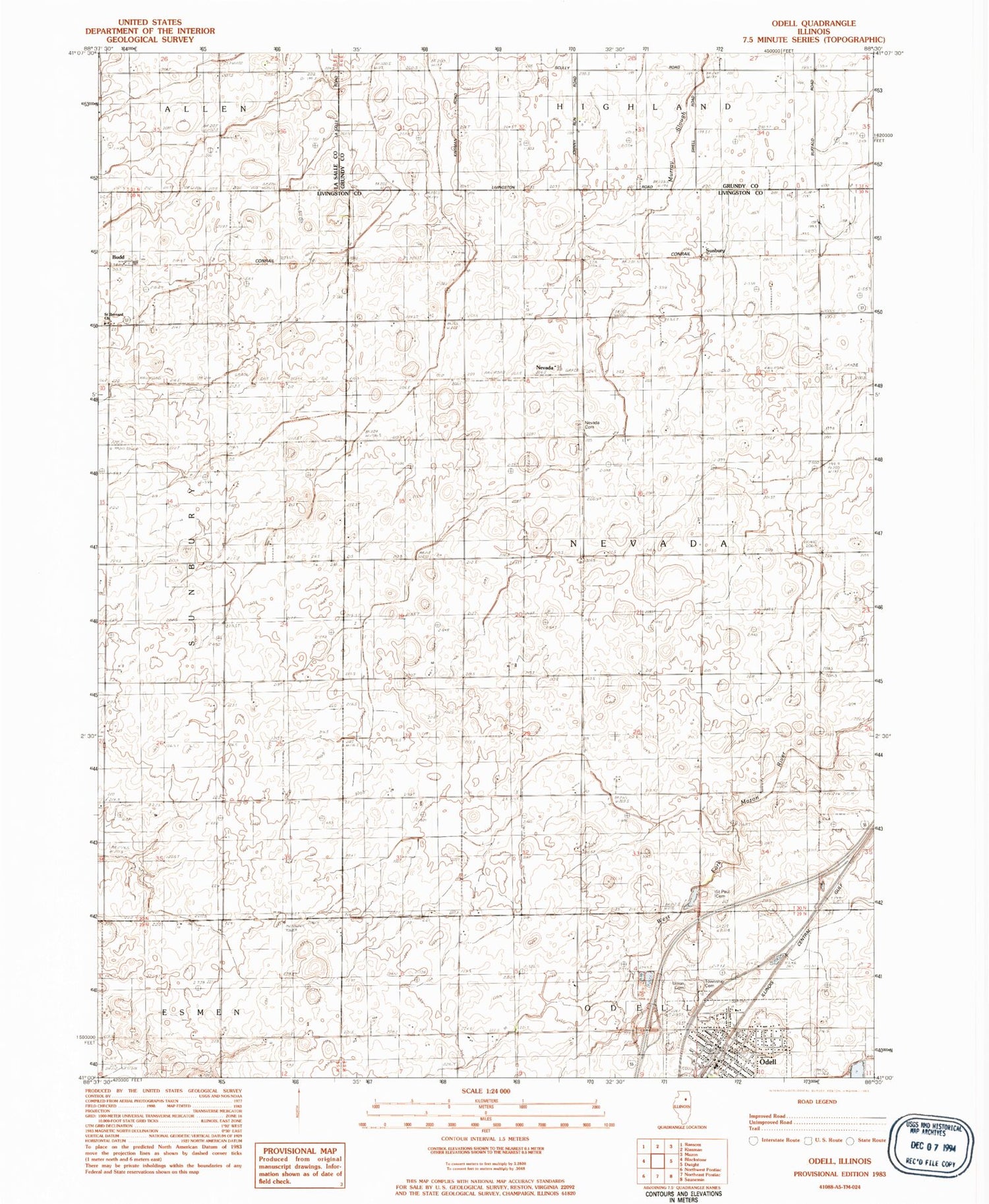 Classic USGS Odell Illinois 7.5'x7.5' Topo Map Image