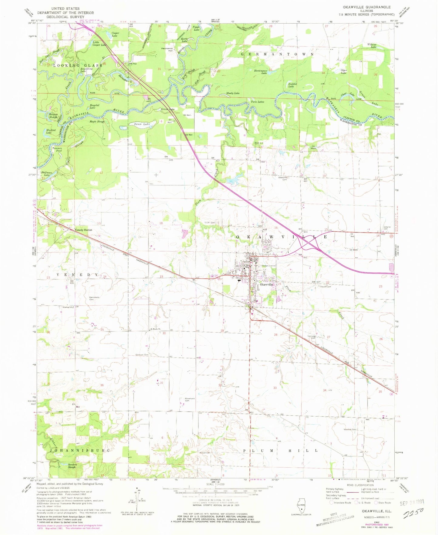 Classic USGS Okawville Illinois 7.5'x7.5' Topo Map Image