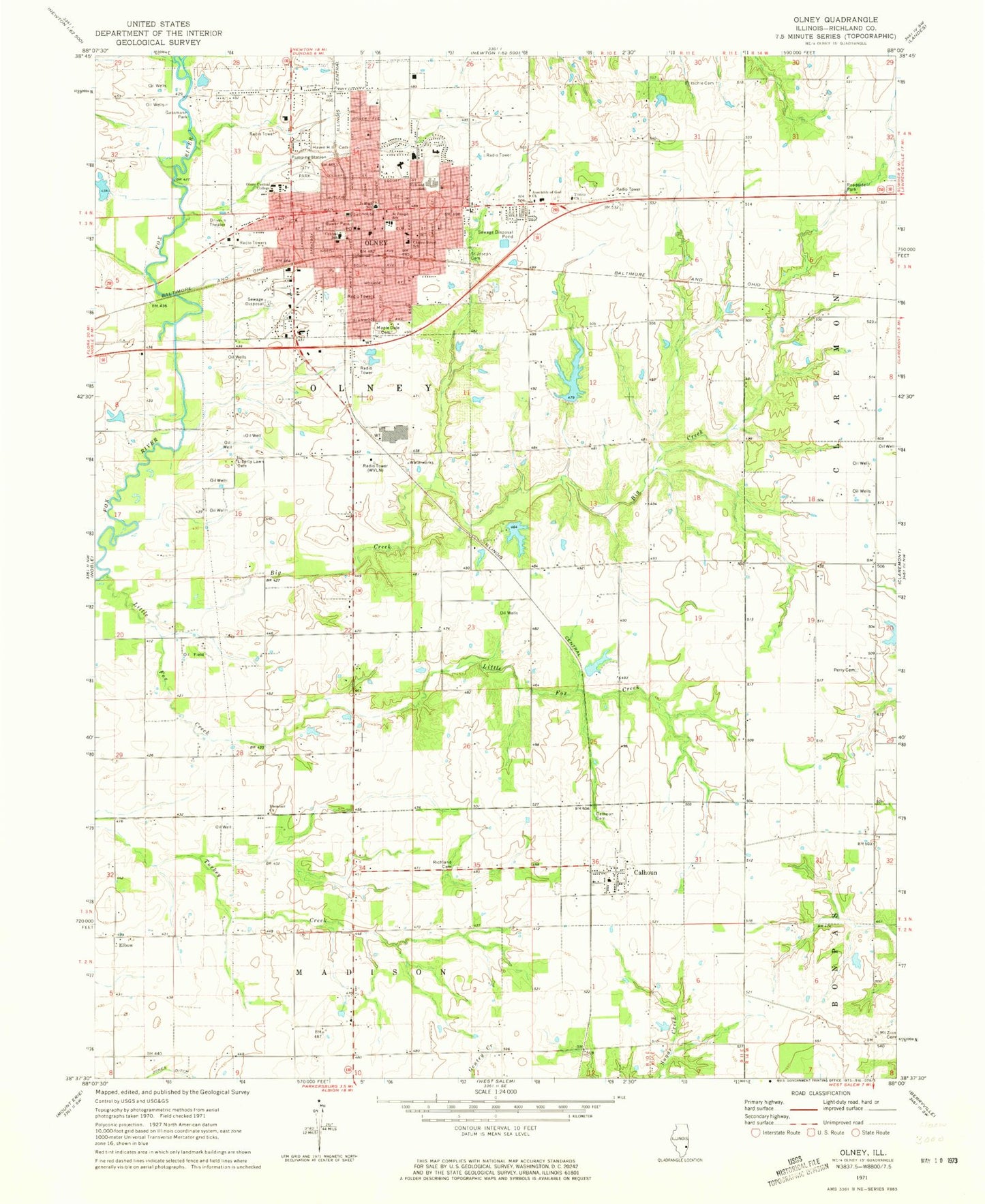 Classic USGS Olney Illinois 7.5'x7.5' Topo Map Image