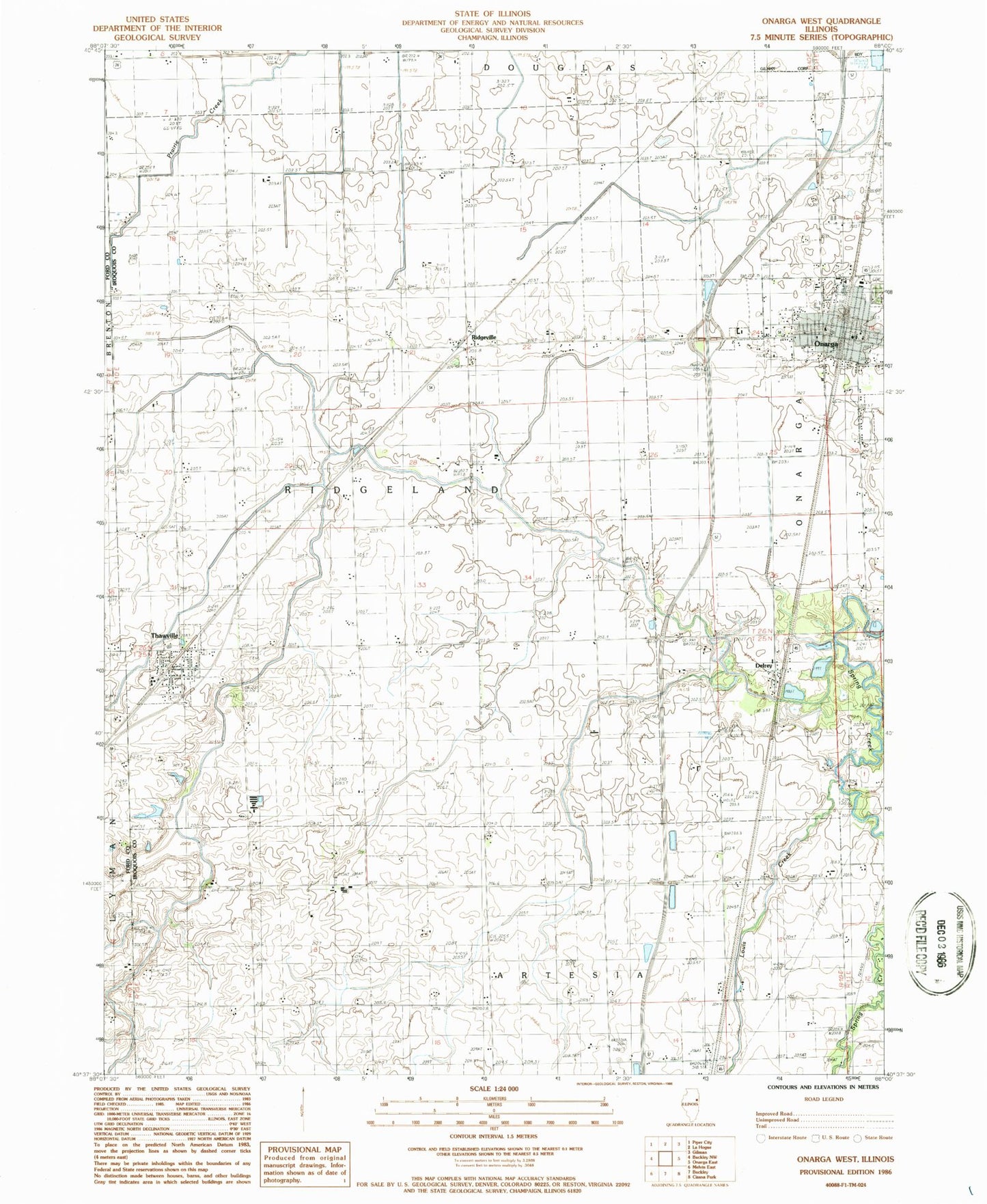 Classic USGS Onarga West Illinois 7.5'x7.5' Topo Map Image