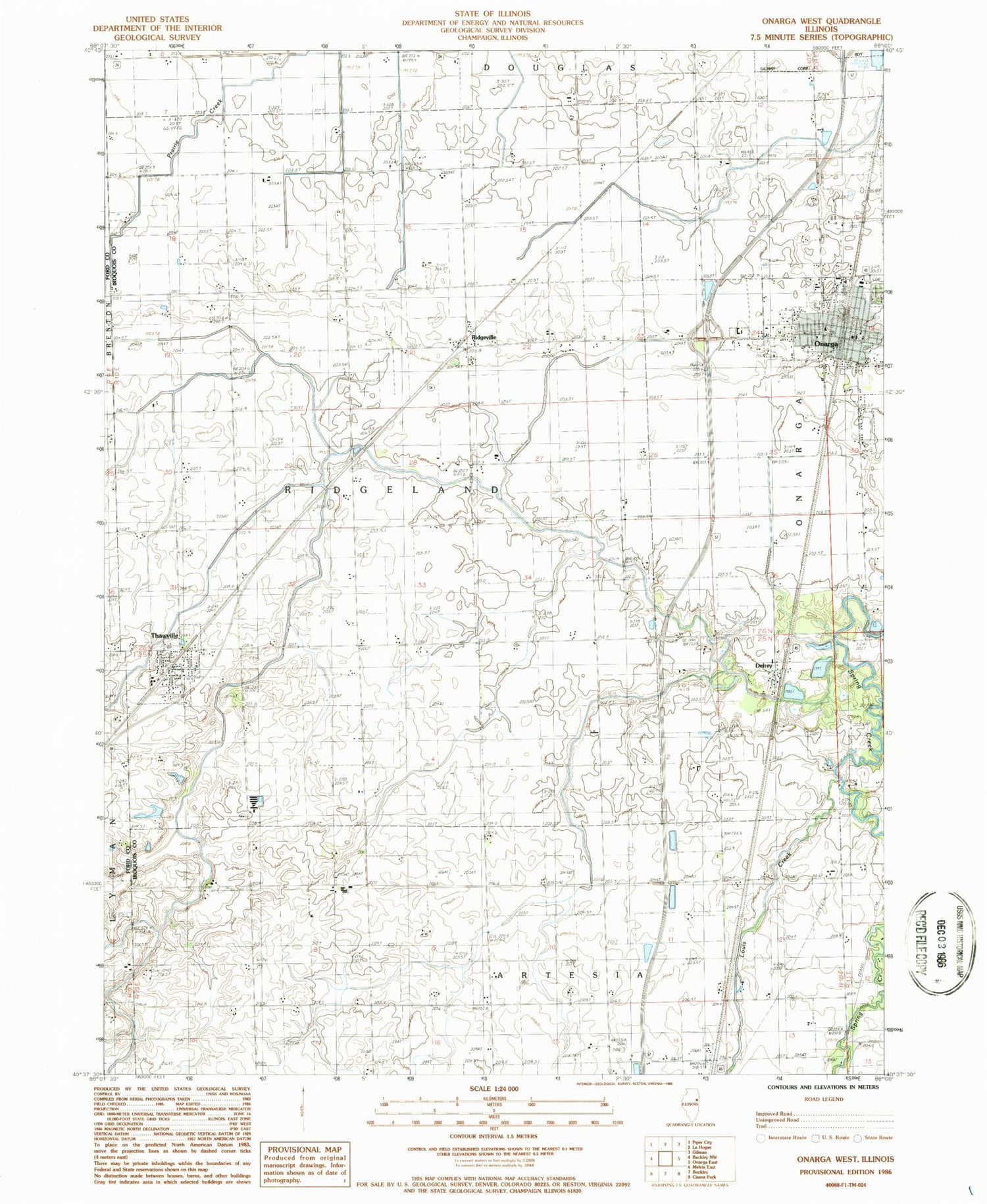 Classic USGS Onarga West Illinois 7.5'x7.5' Topo Map Image