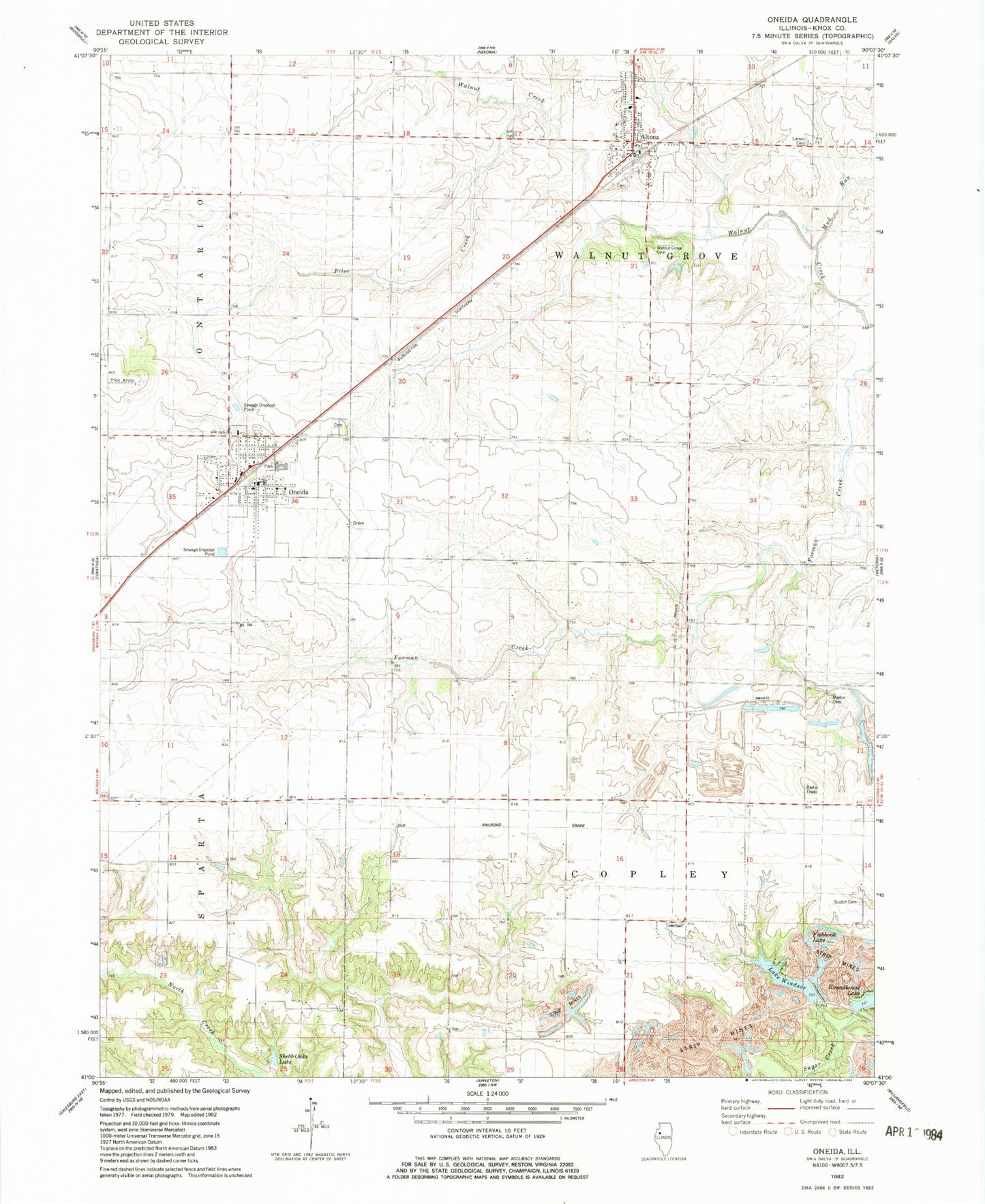 Classic USGS Oneida Illinois 7.5'x7.5' Topo Map Image