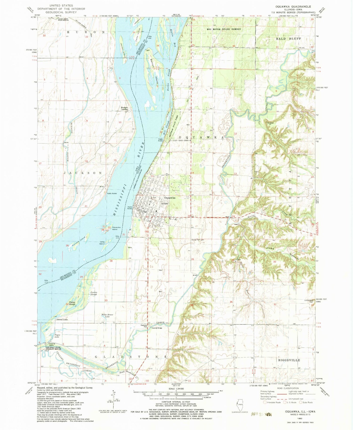 Classic USGS Oquawka Illinois 7.5'x7.5' Topo Map Image