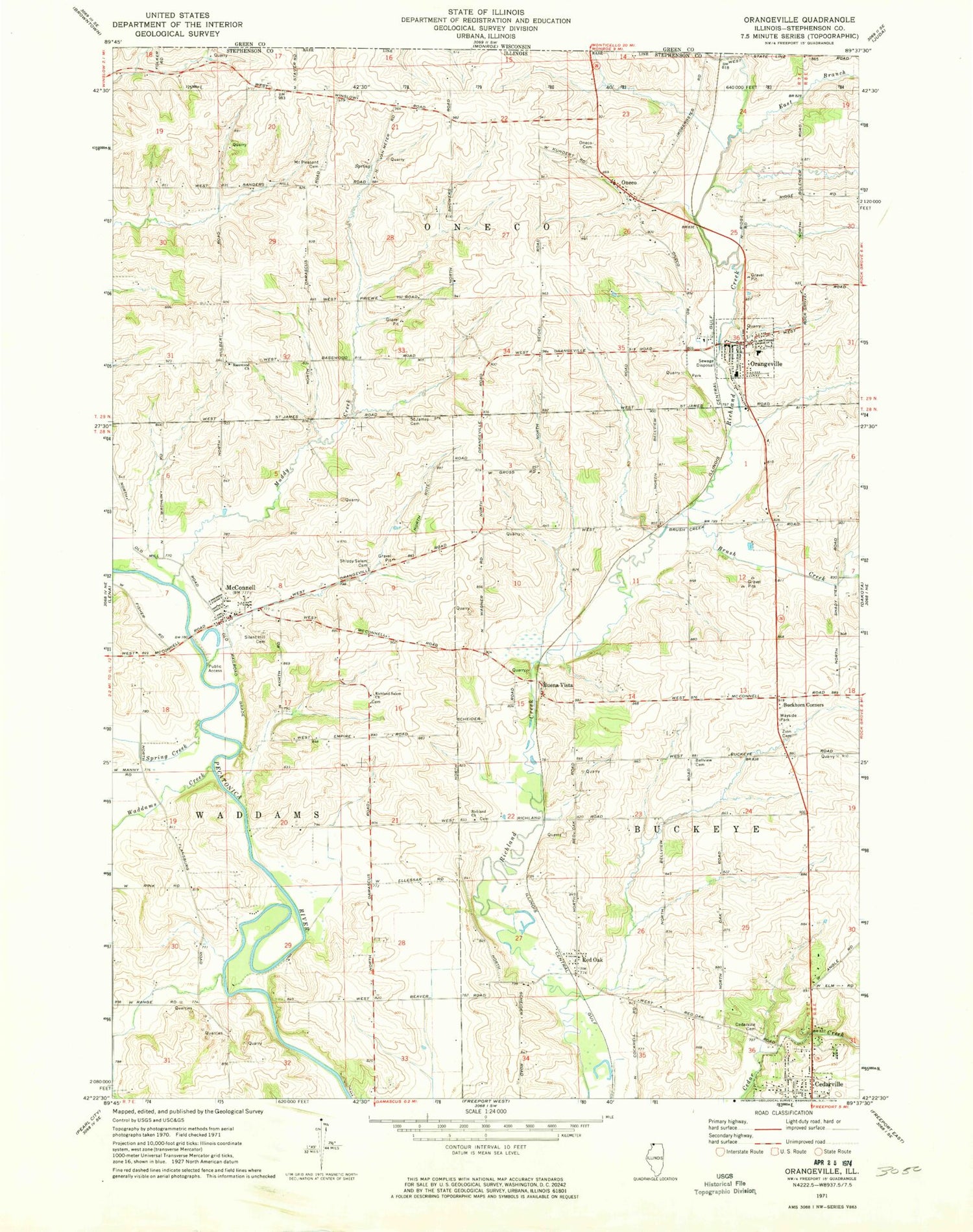 Classic USGS Orangeville Illinois 7.5'x7.5' Topo Map Image