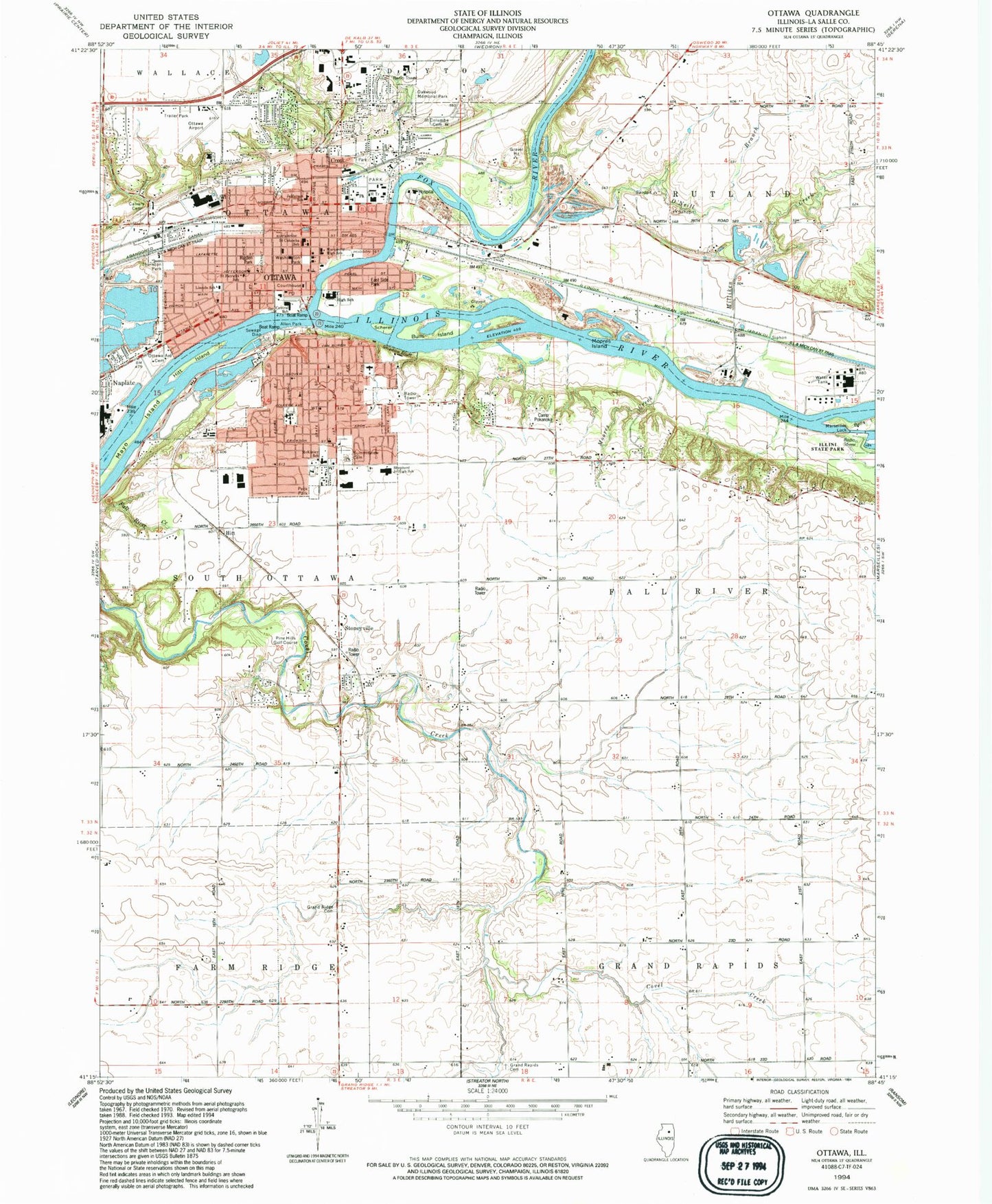 Classic USGS Ottawa Illinois 7.5'x7.5' Topo Map Image