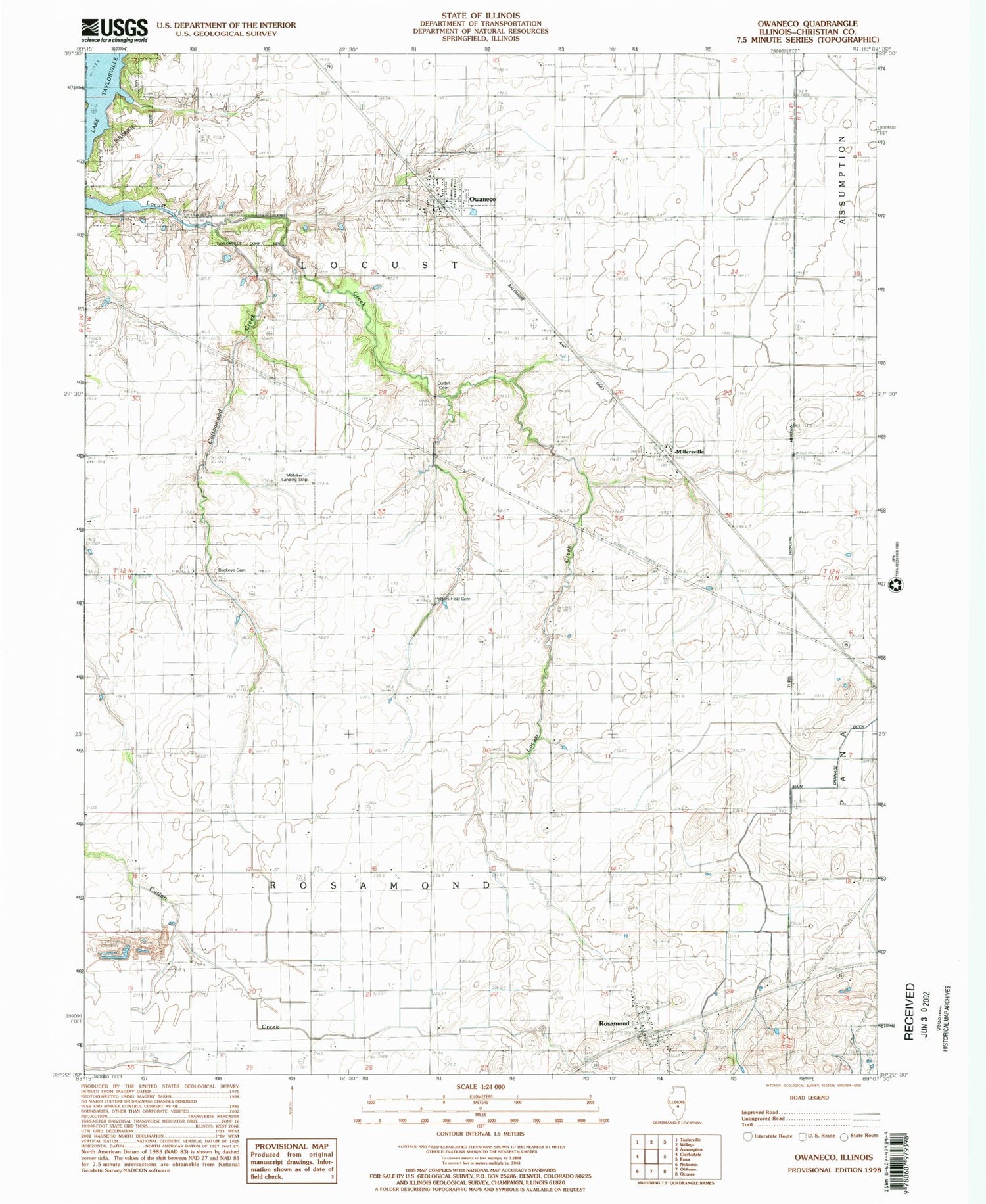 Classic USGS Owaneco Illinois 7.5'x7.5' Topo Map Image