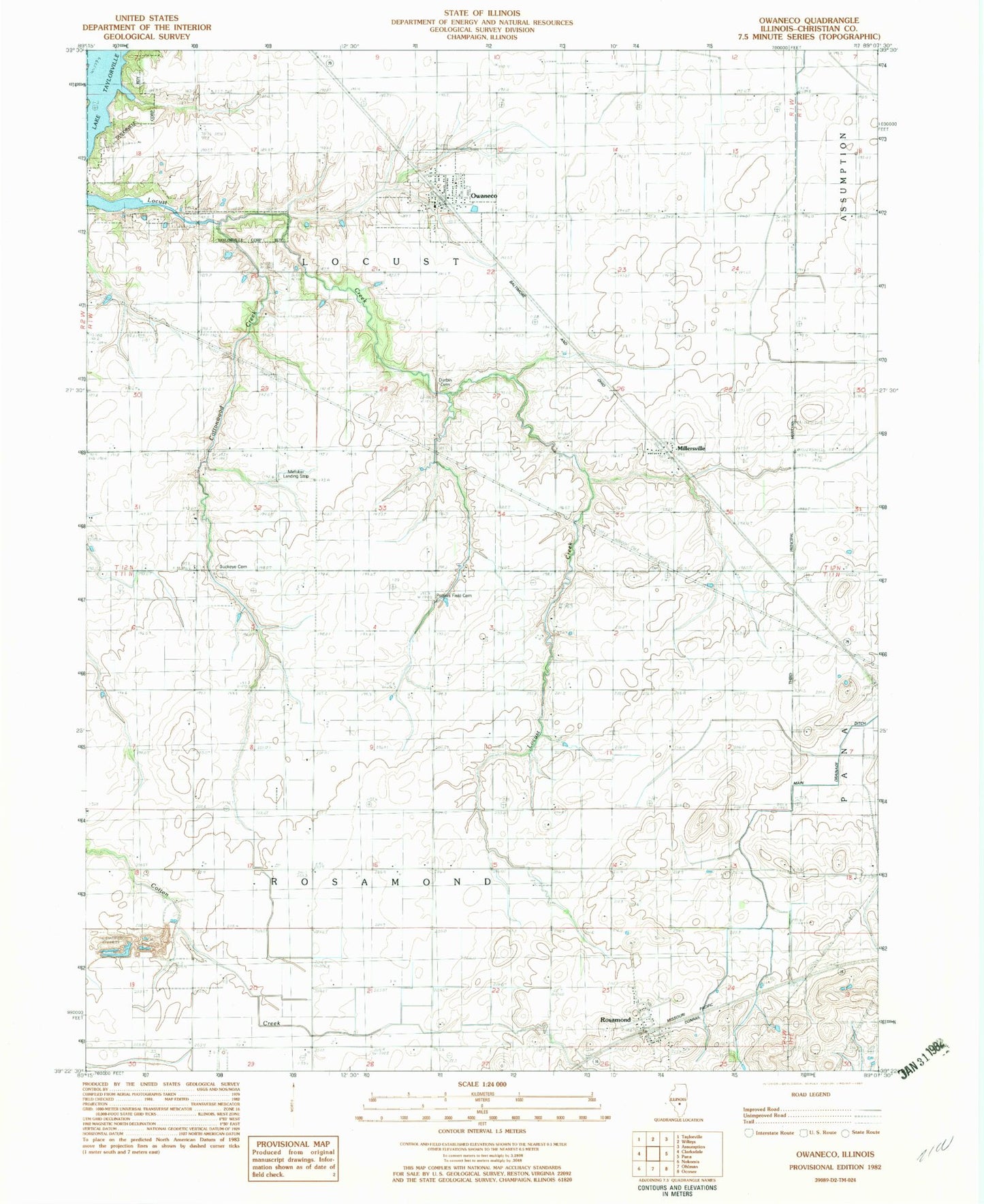 Classic USGS Owaneco Illinois 7.5'x7.5' Topo Map Image
