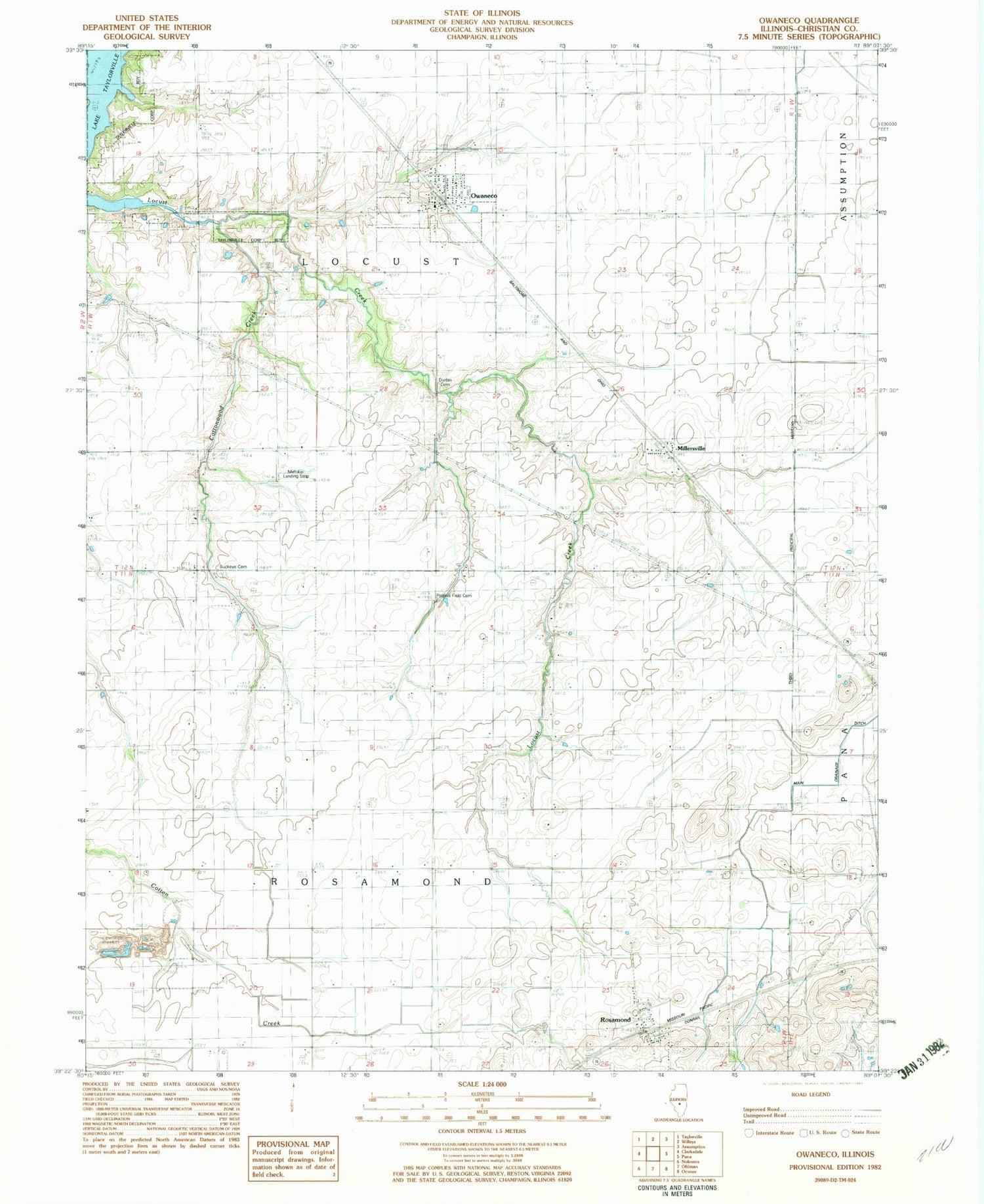 Classic USGS Owaneco Illinois 7.5'x7.5' Topo Map Image