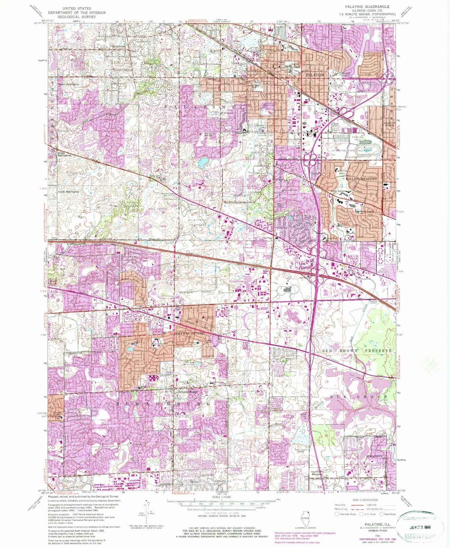 Classic USGS Palatine Illinois 7.5'x7.5' Topo Map Image