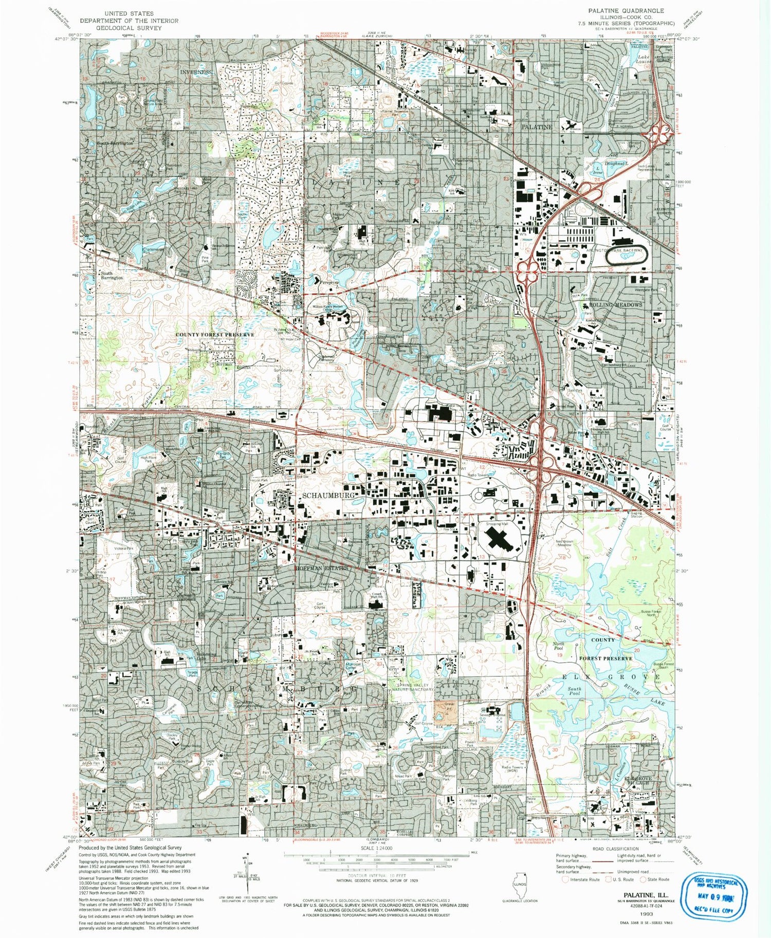 Classic USGS Palatine Illinois 7.5'x7.5' Topo Map Image