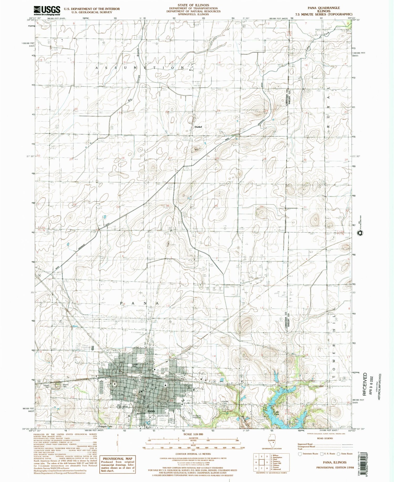 Classic USGS Pana Illinois 7.5'x7.5' Topo Map Image