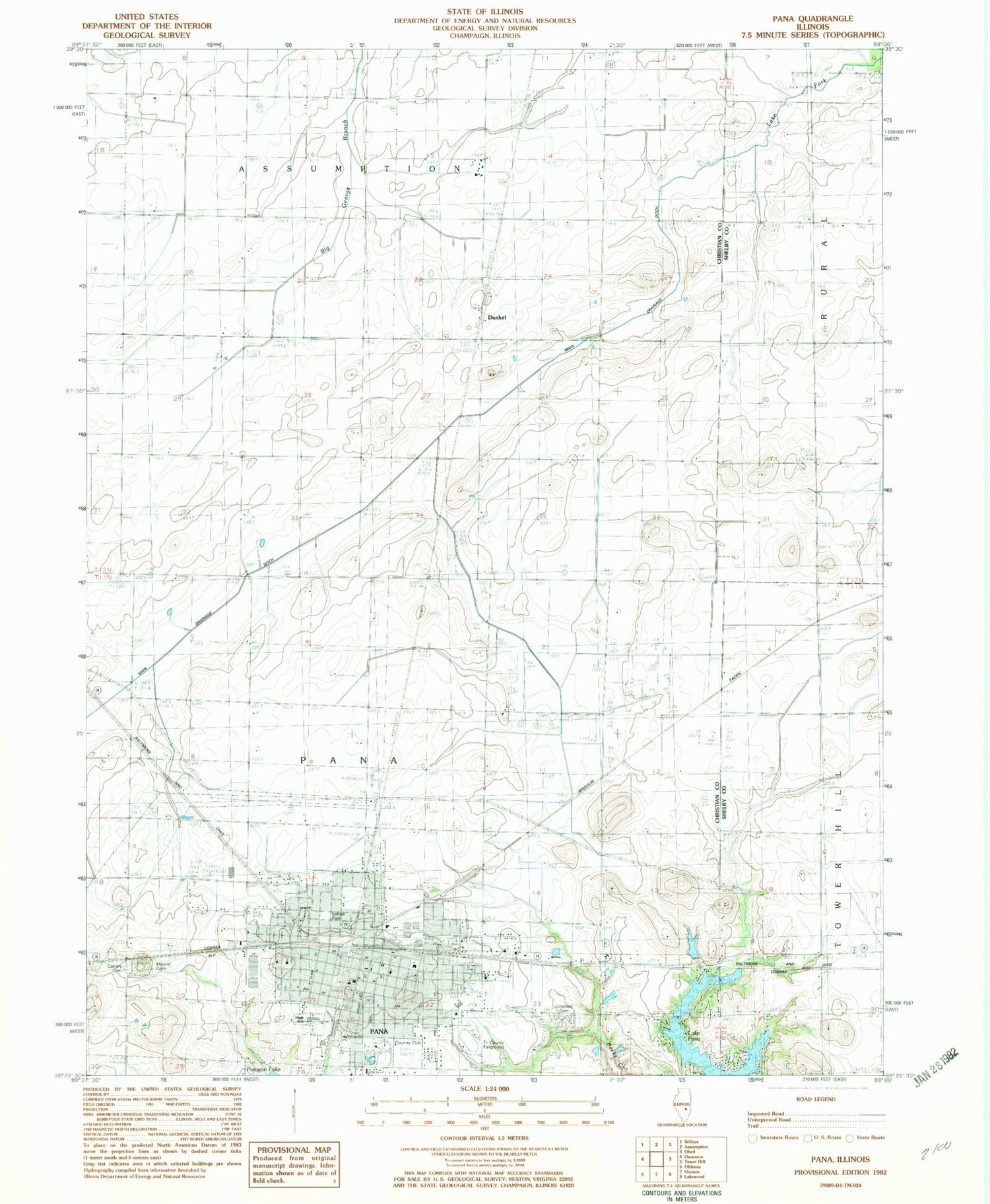 Classic USGS Pana Illinois 7.5'x7.5' Topo Map Image