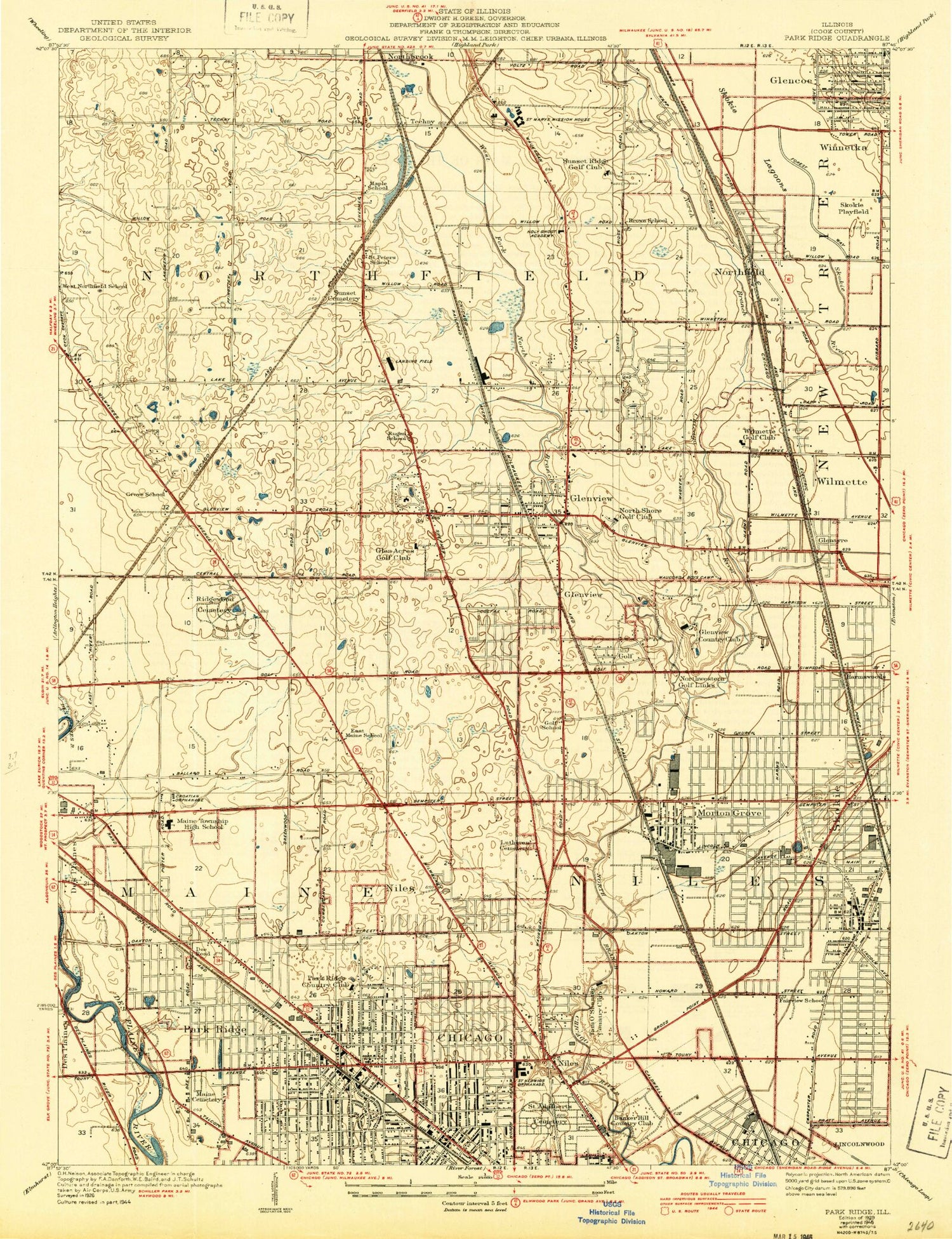 Classic USGS Park Ridge Illinois 7.5'x7.5' Topo Map Image