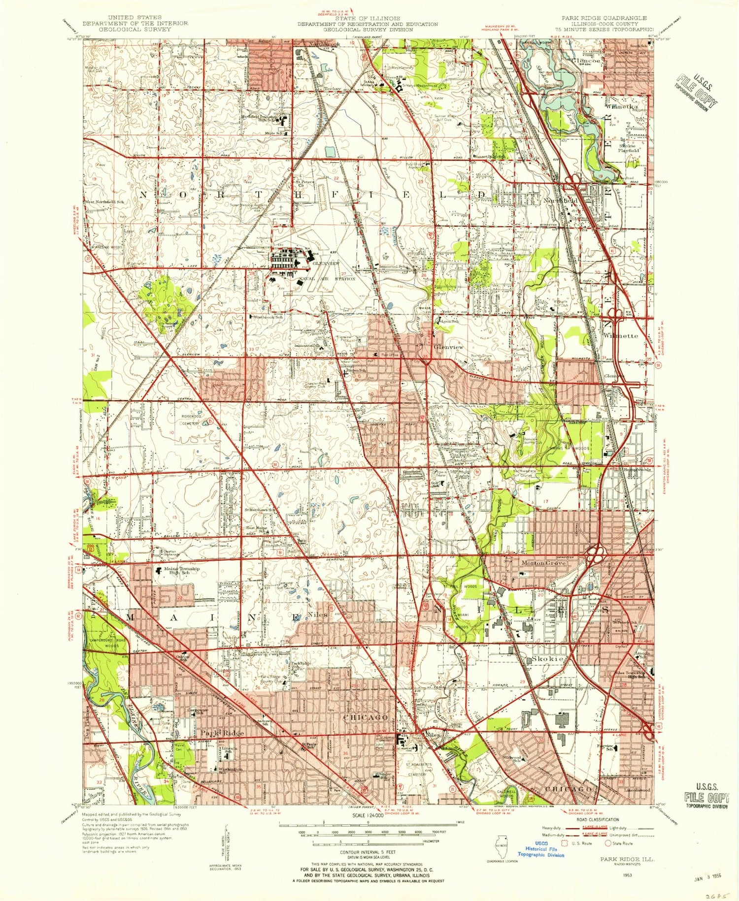 Classic USGS Park Ridge Illinois 7.5'x7.5' Topo Map Image