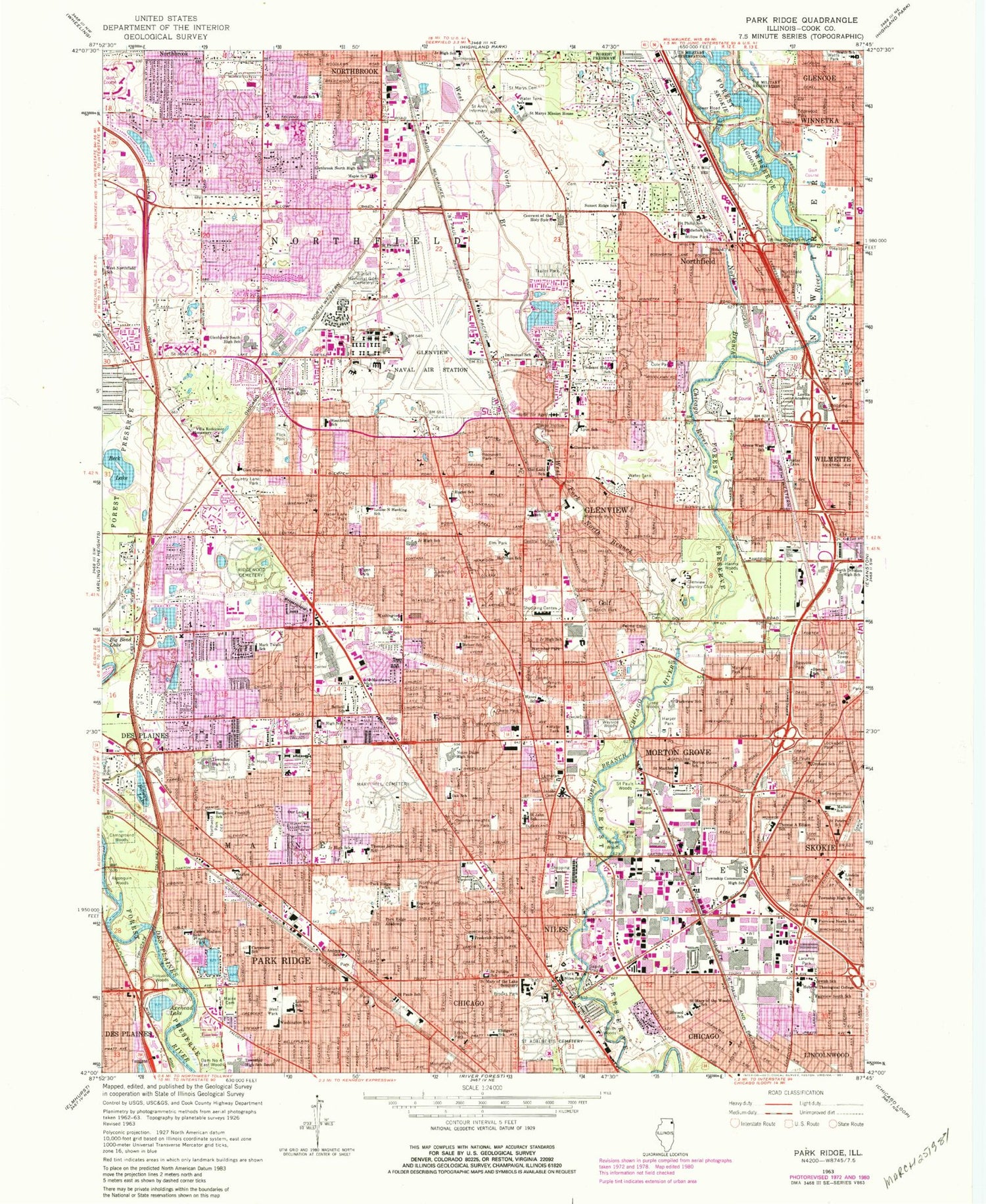 Classic USGS Park Ridge Illinois 7.5'x7.5' Topo Map Image