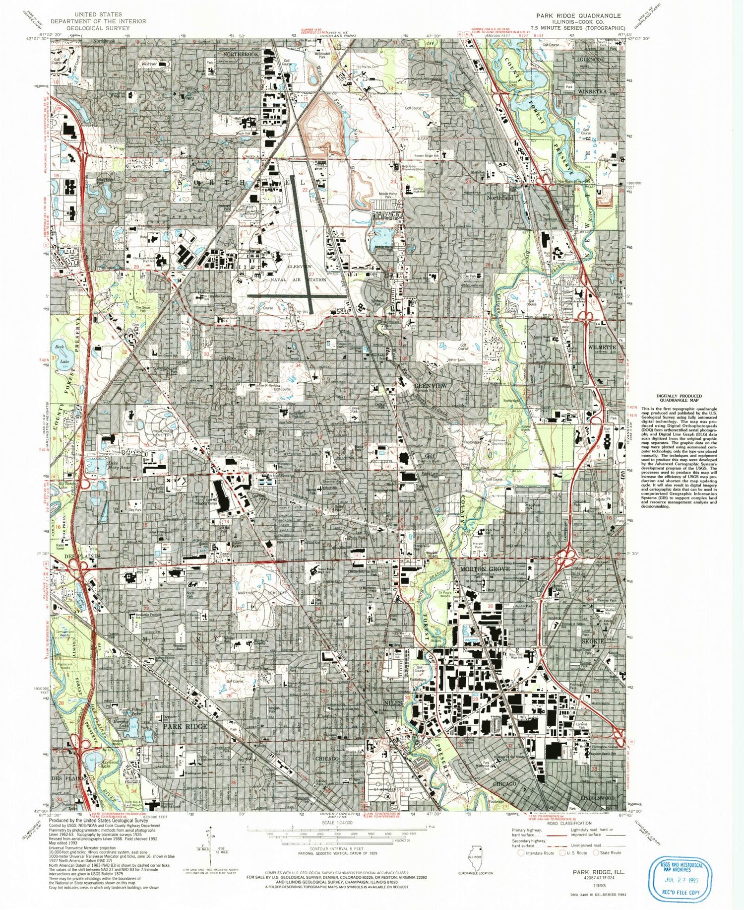 Classic USGS Park Ridge Illinois 7.5'x7.5' Topo Map Image