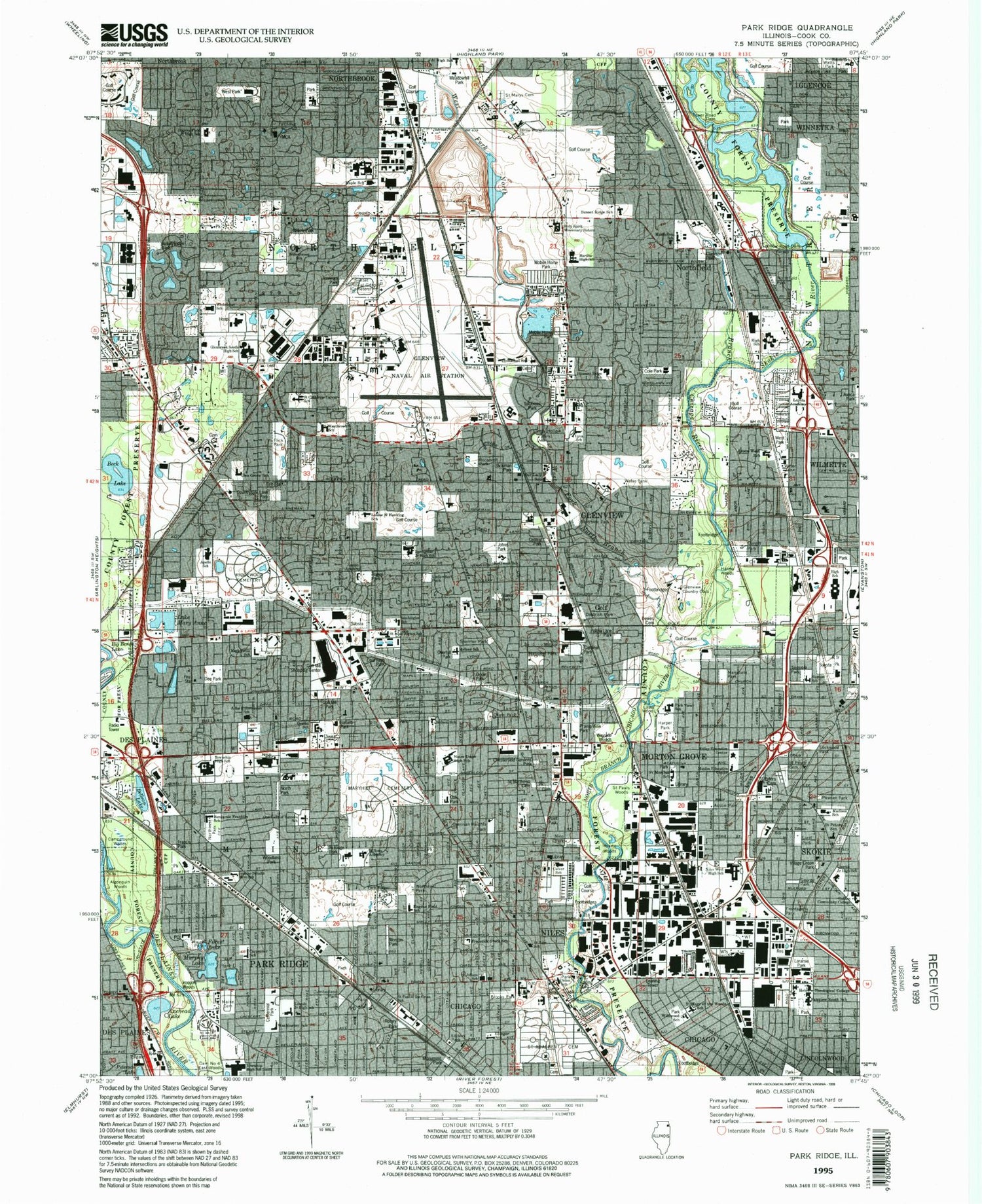 Classic USGS Park Ridge Illinois 7.5'x7.5' Topo Map Image