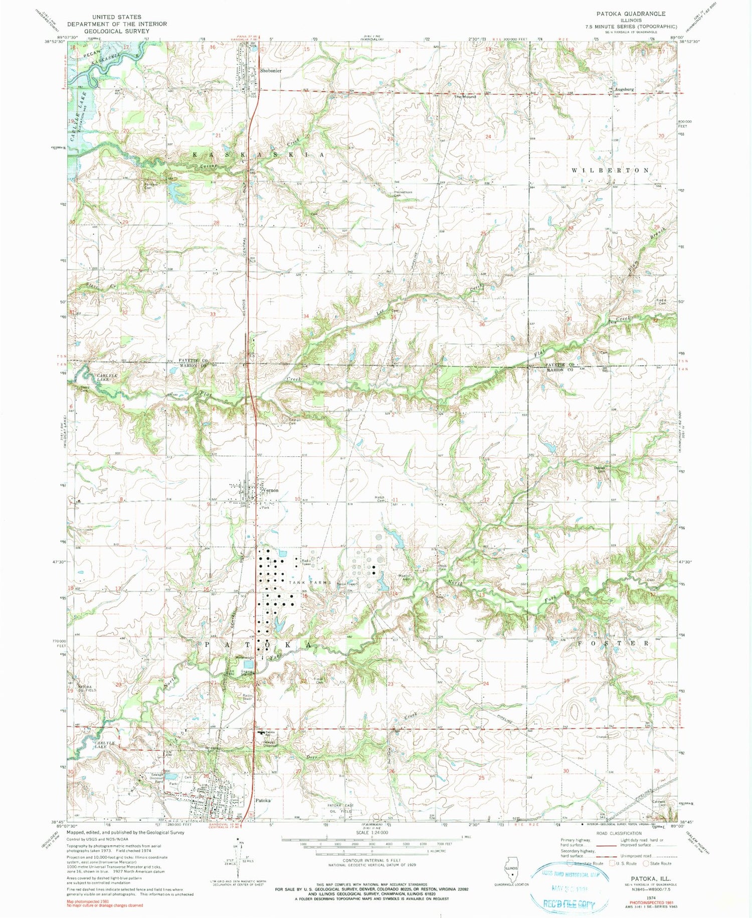Classic USGS Patoka Illinois 7.5'x7.5' Topo Map Image