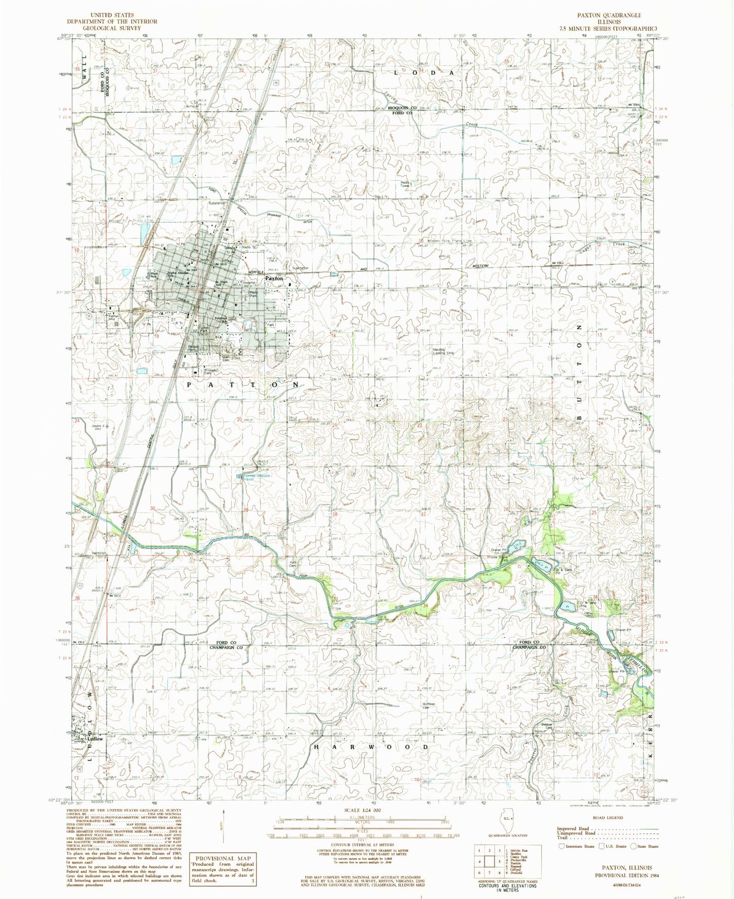 Classic USGS Paxton Illinois 7.5'x7.5' Topo Map Image