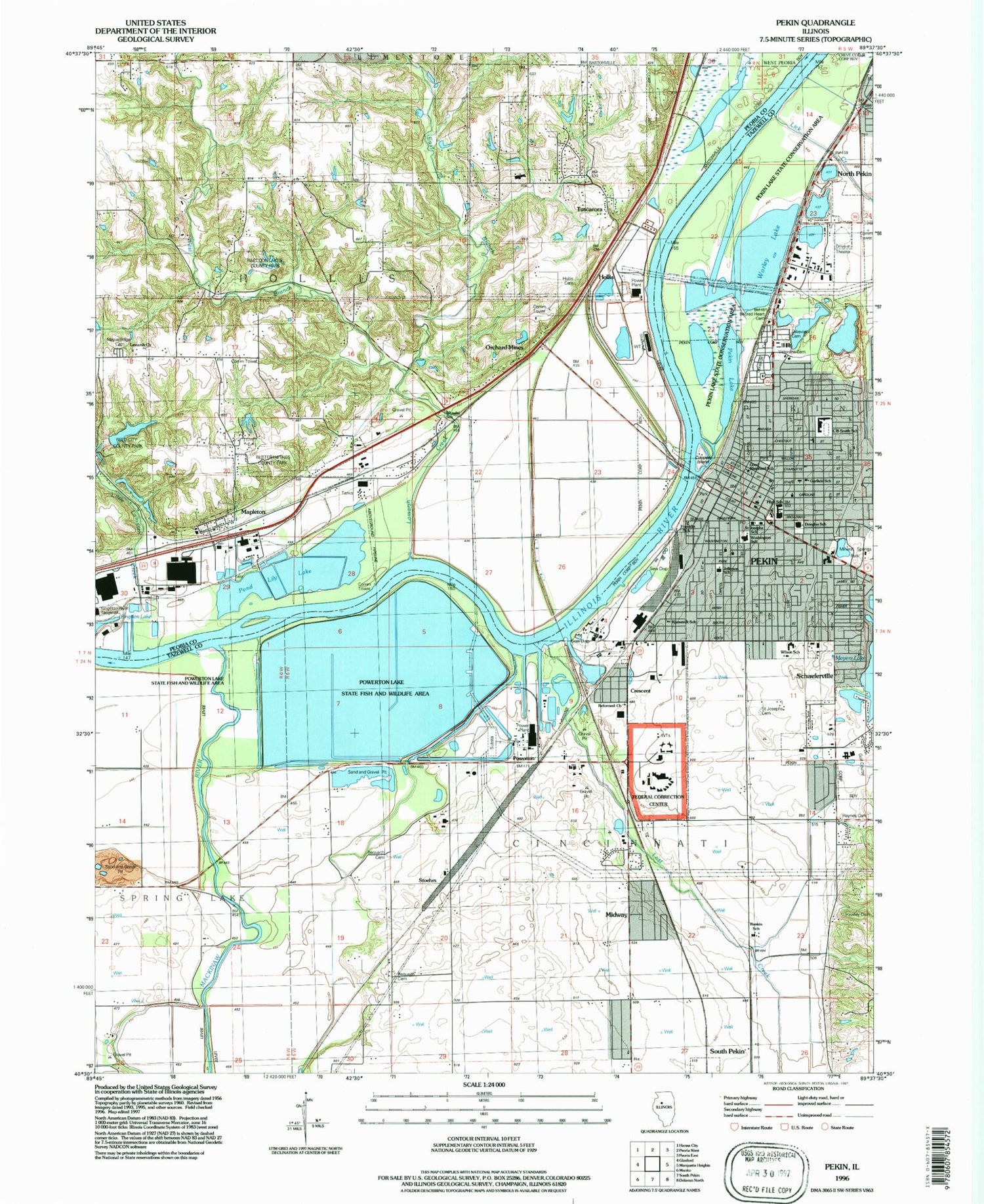Classic USGS Pekin Illinois 7.5'x7.5' Topo Map Image