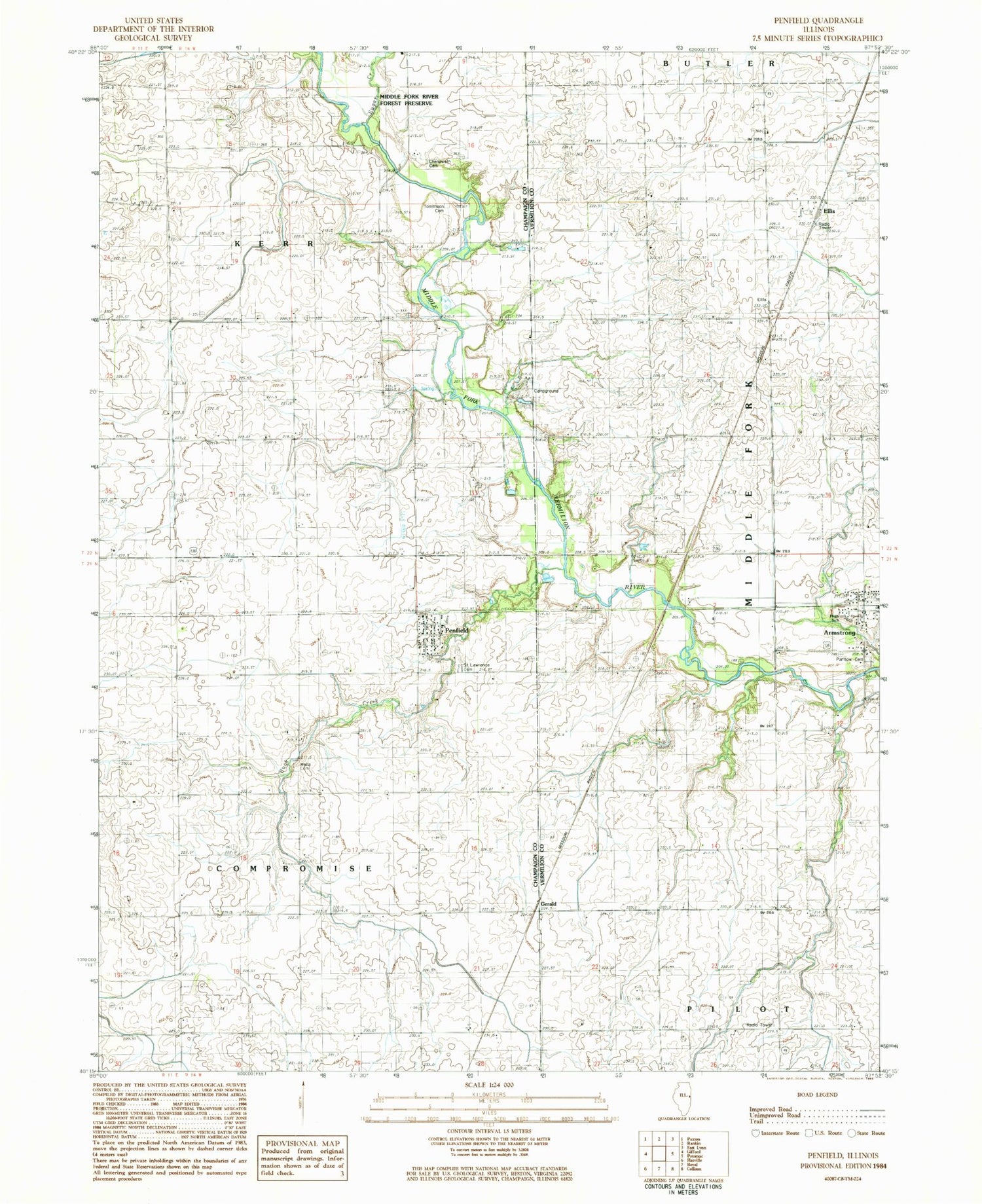 Classic USGS Penfield Illinois 7.5'x7.5' Topo Map Image