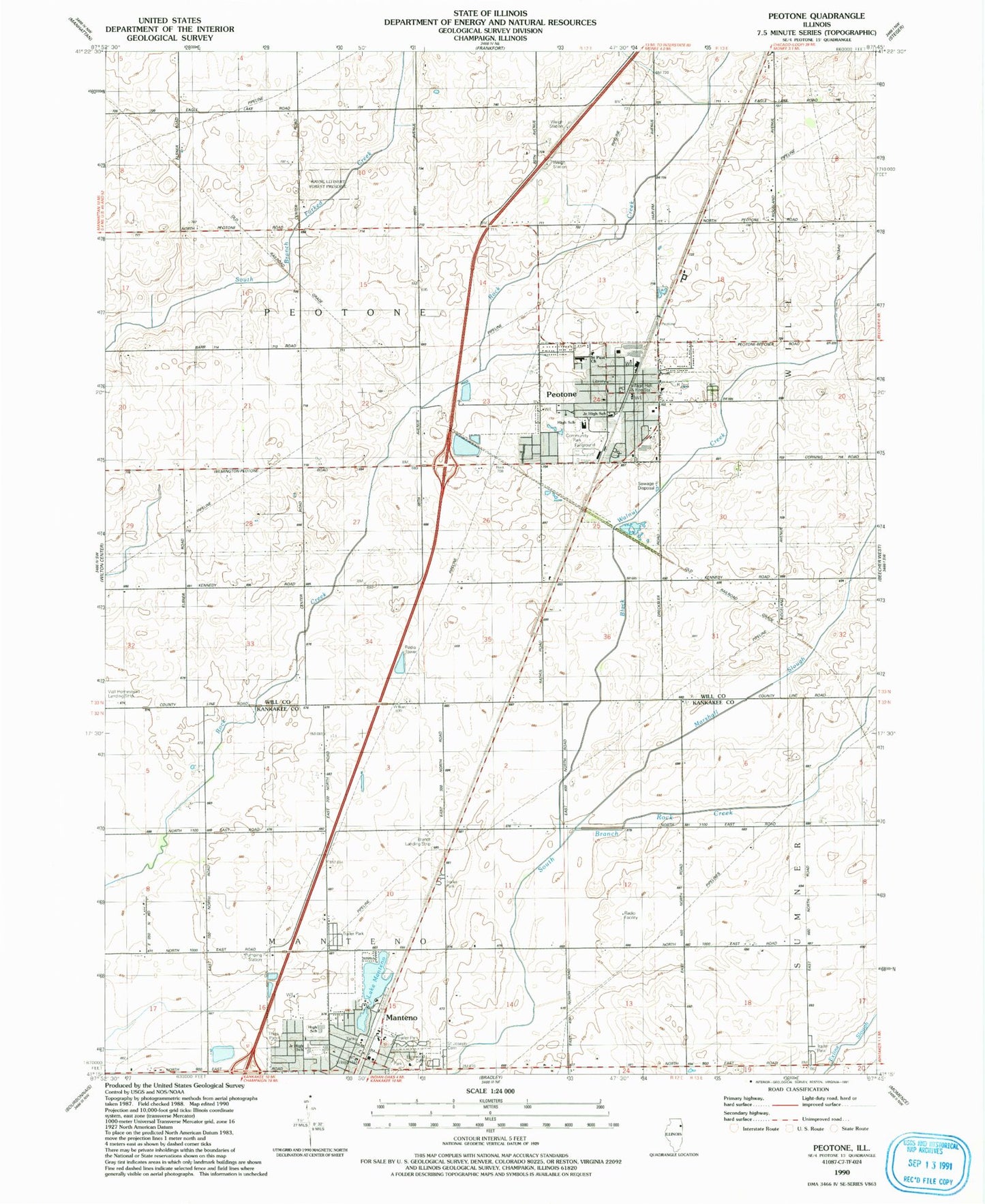 Classic USGS Peotone Illinois 7.5'x7.5' Topo Map Image