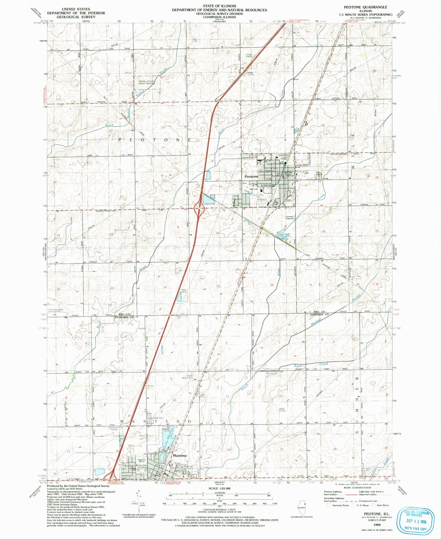 Classic USGS Peotone Illinois 7.5'x7.5' Topo Map Image