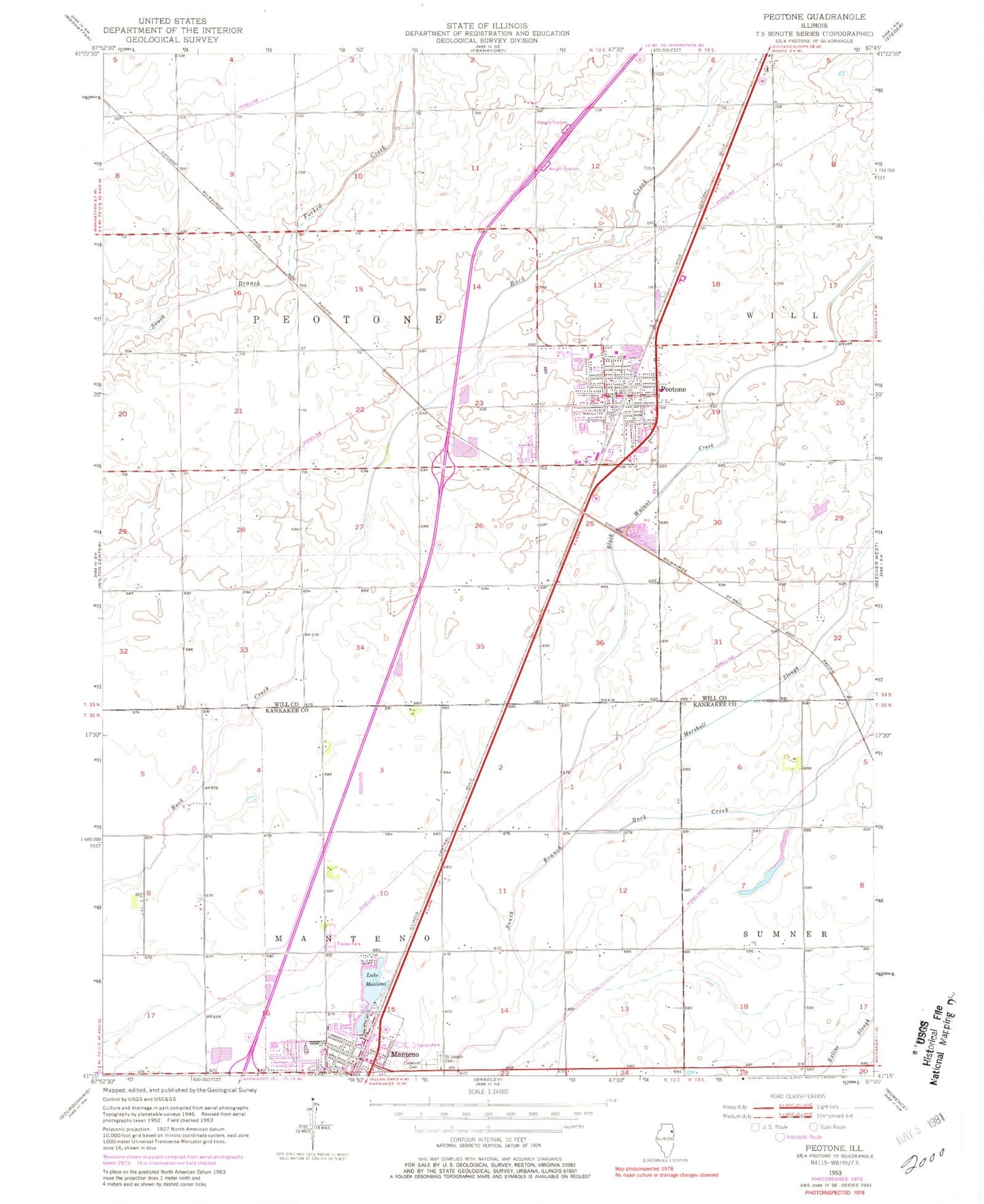 Classic USGS Peotone Illinois 7.5'x7.5' Topo Map Image
