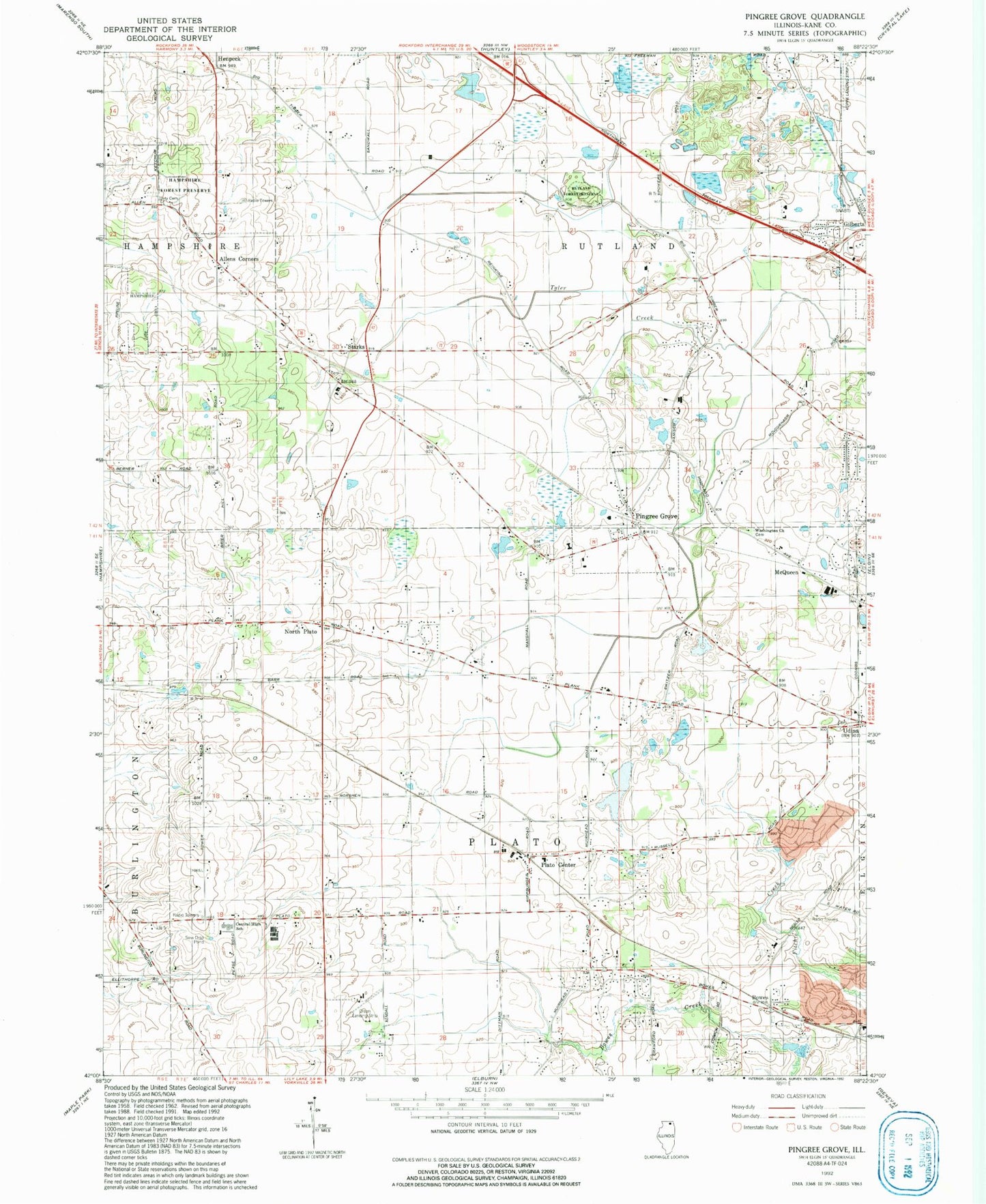Classic USGS Pingree Grove Illinois 7.5'x7.5' Topo Map Image