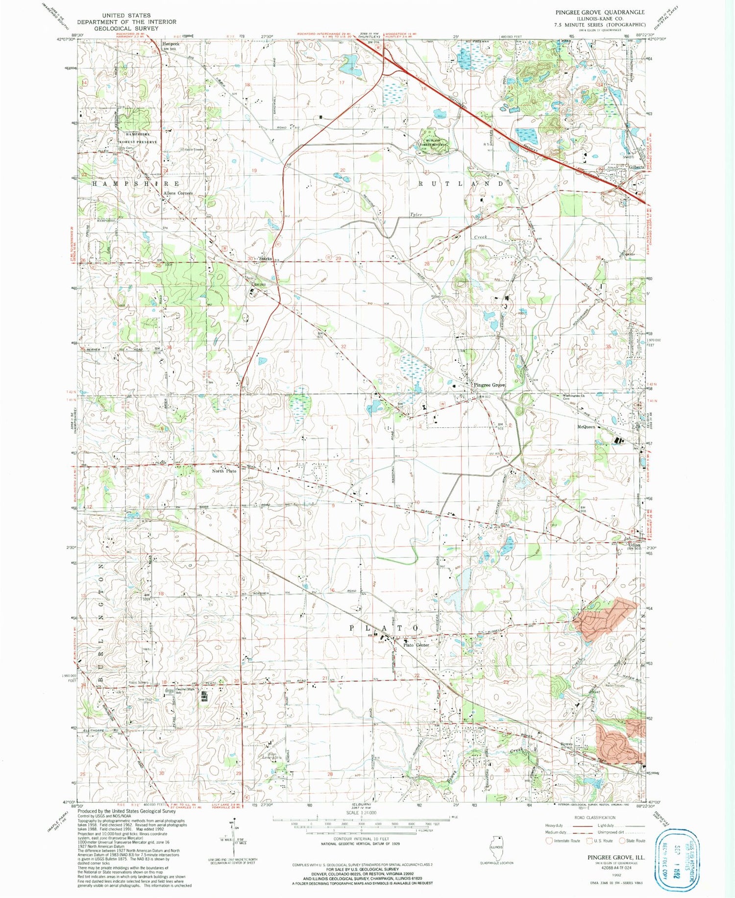 Classic USGS Pingree Grove Illinois 7.5'x7.5' Topo Map Image