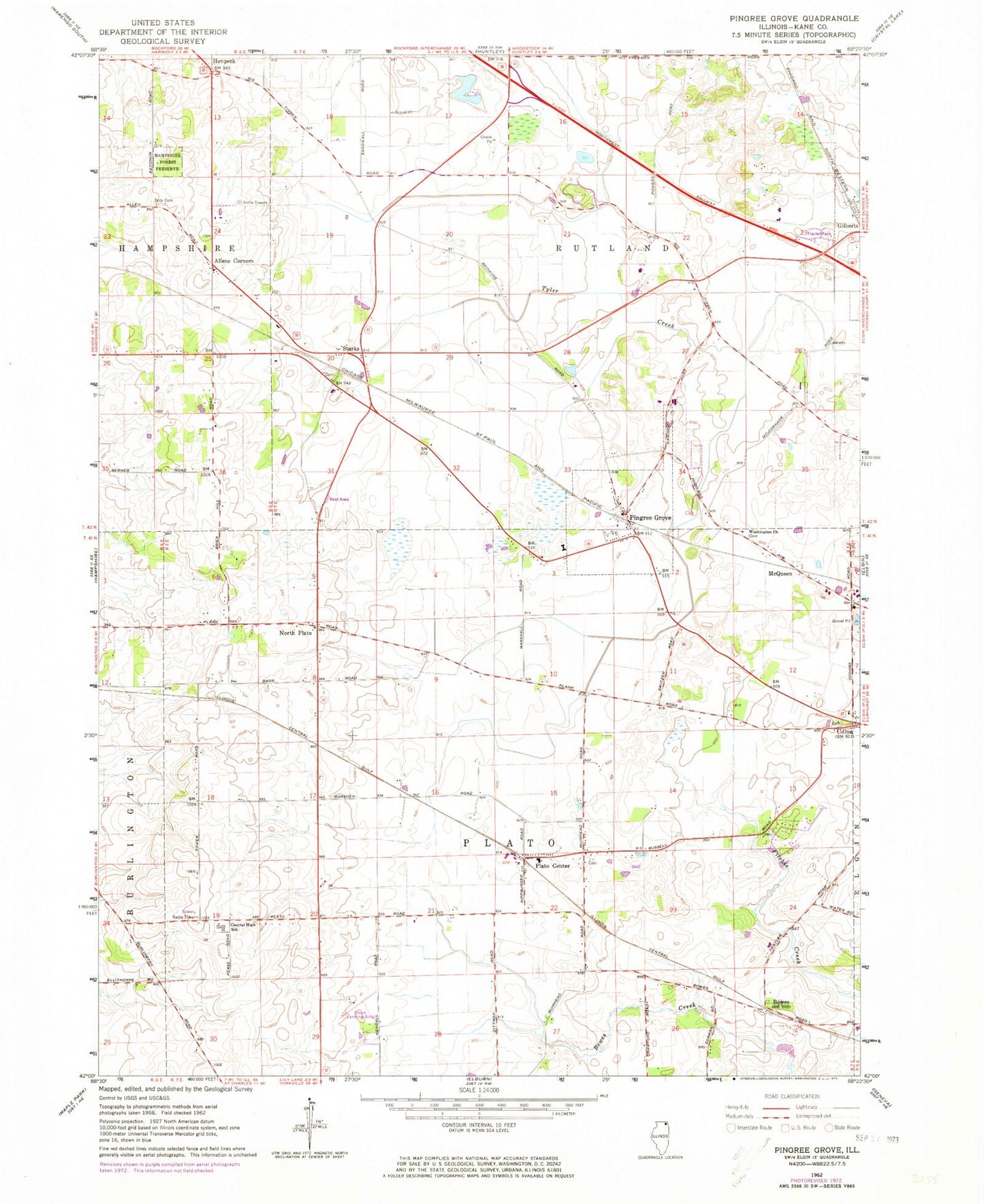 Classic USGS Pingree Grove Illinois 7.5'x7.5' Topo Map Image