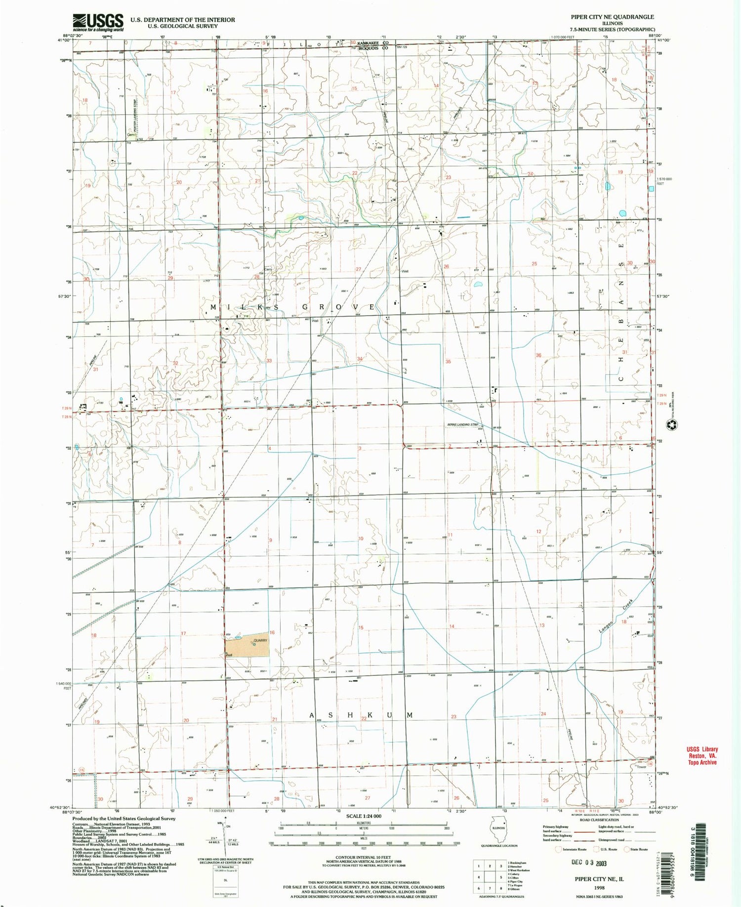 Classic USGS Piper City NE Illinois 7.5'x7.5' Topo Map Image