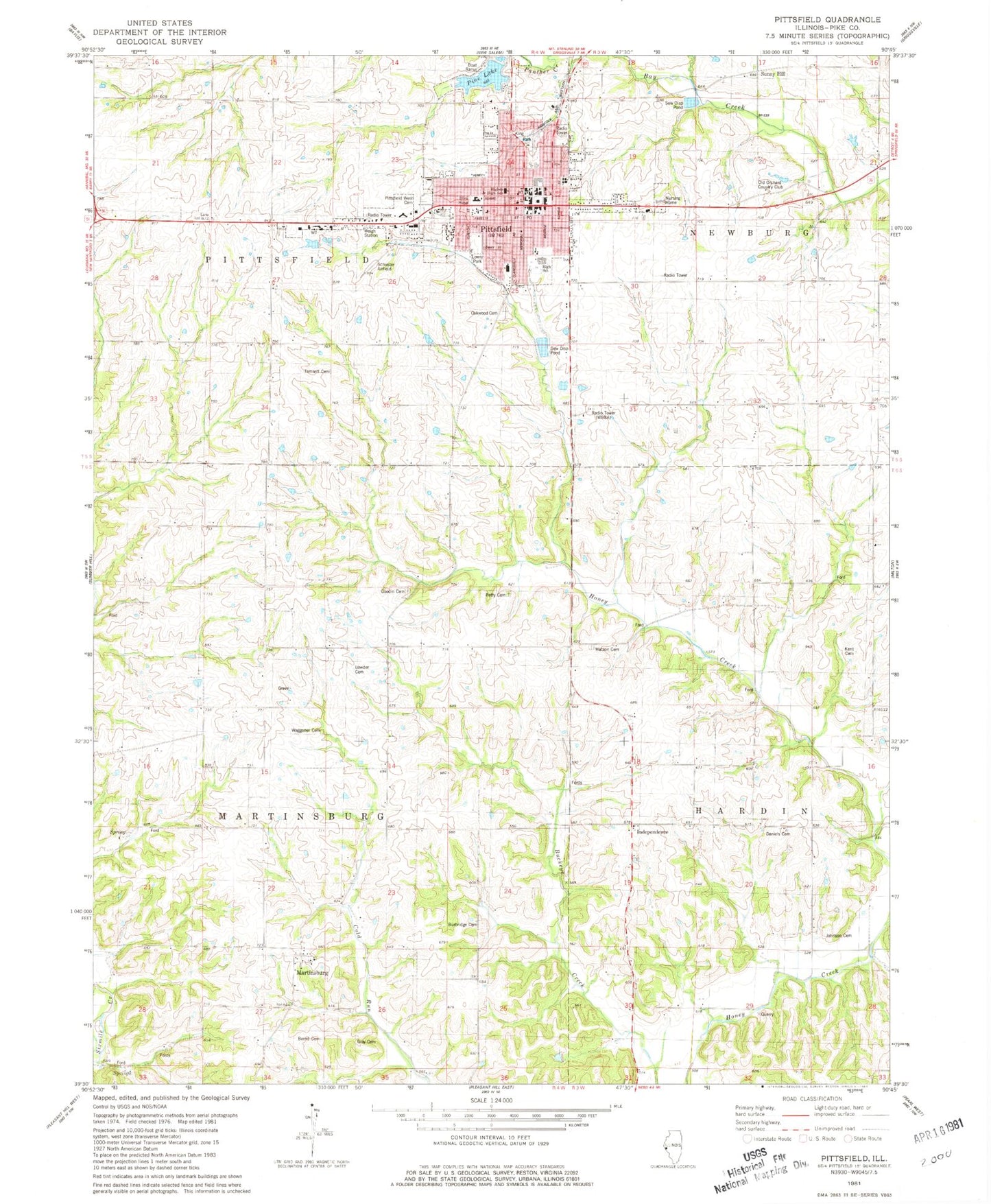 Classic USGS Pittsfield Illinois 7.5'x7.5' Topo Map Image