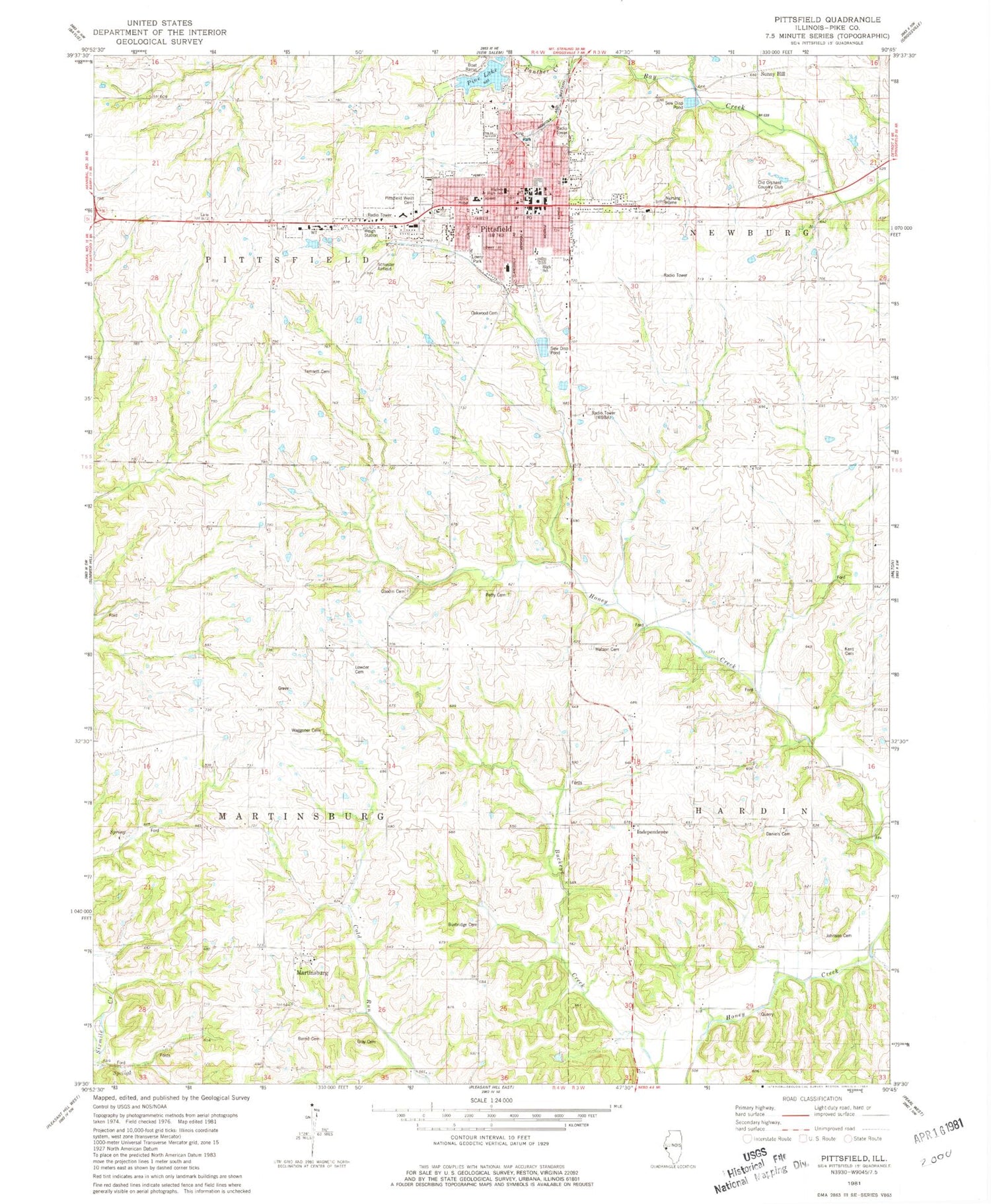 Classic USGS Pittsfield Illinois 7.5'x7.5' Topo Map Image