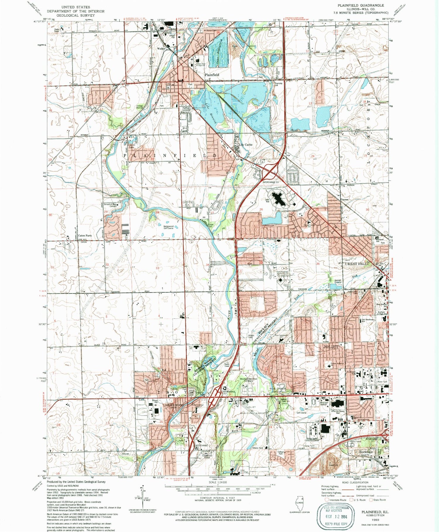 Classic USGS Plainfield Illinois 7.5'x7.5' Topo Map Image