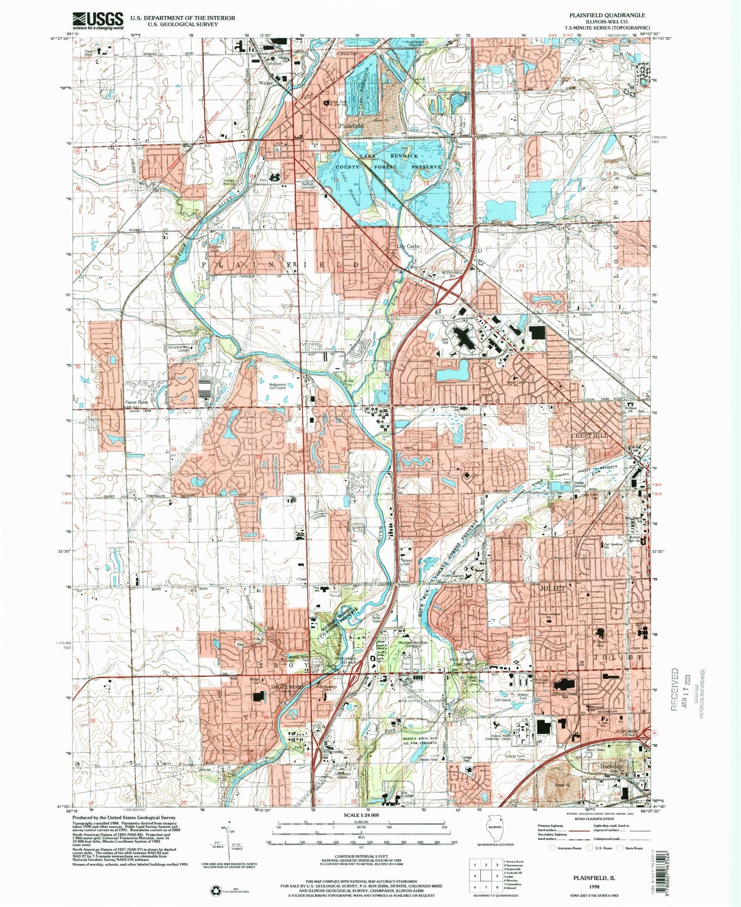 Classic USGS Plainfield Illinois 7.5'x7.5' Topo Map Image