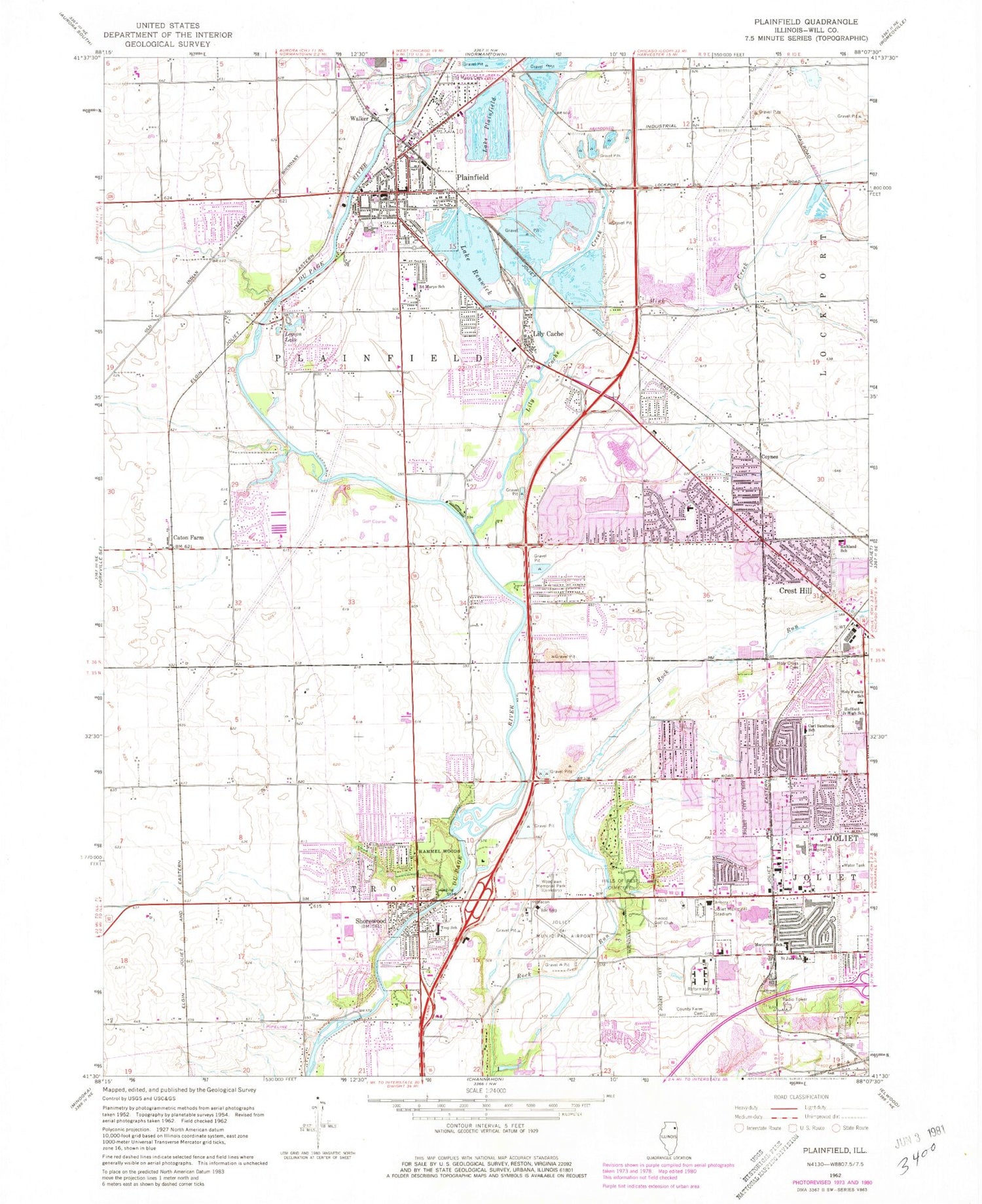 Classic USGS Plainfield Illinois 7.5'x7.5' Topo Map Image