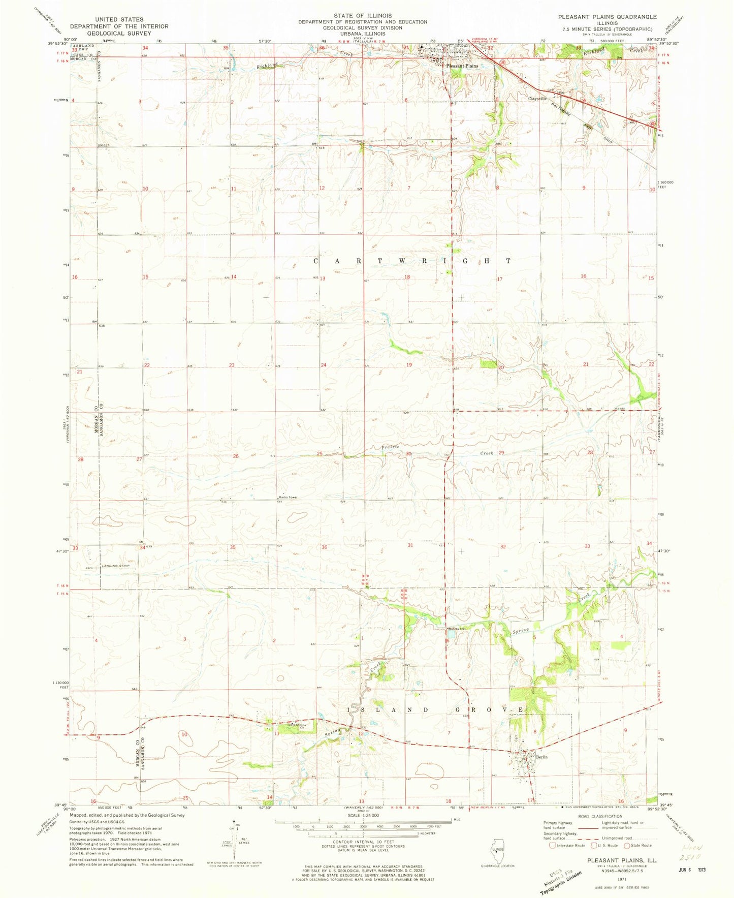 Classic USGS Pleasant Plains Illinois 7.5'x7.5' Topo Map Image