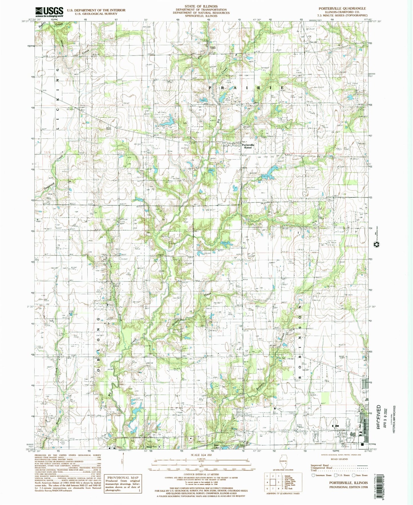 Classic USGS Porterville Illinois 7.5'x7.5' Topo Map Image