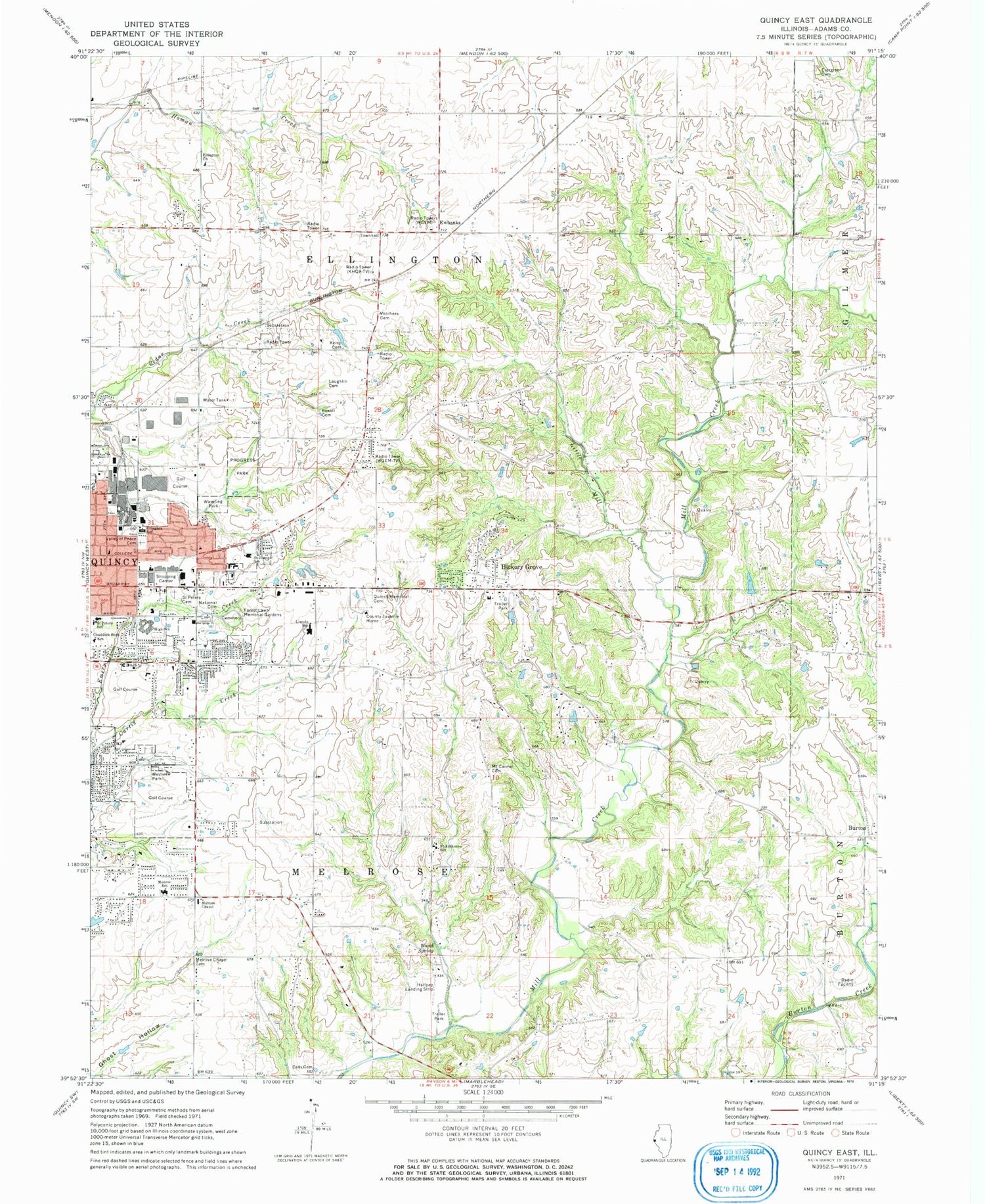 Classic USGS Quincy East Illinois 7.5'x7.5' Topo Map Image