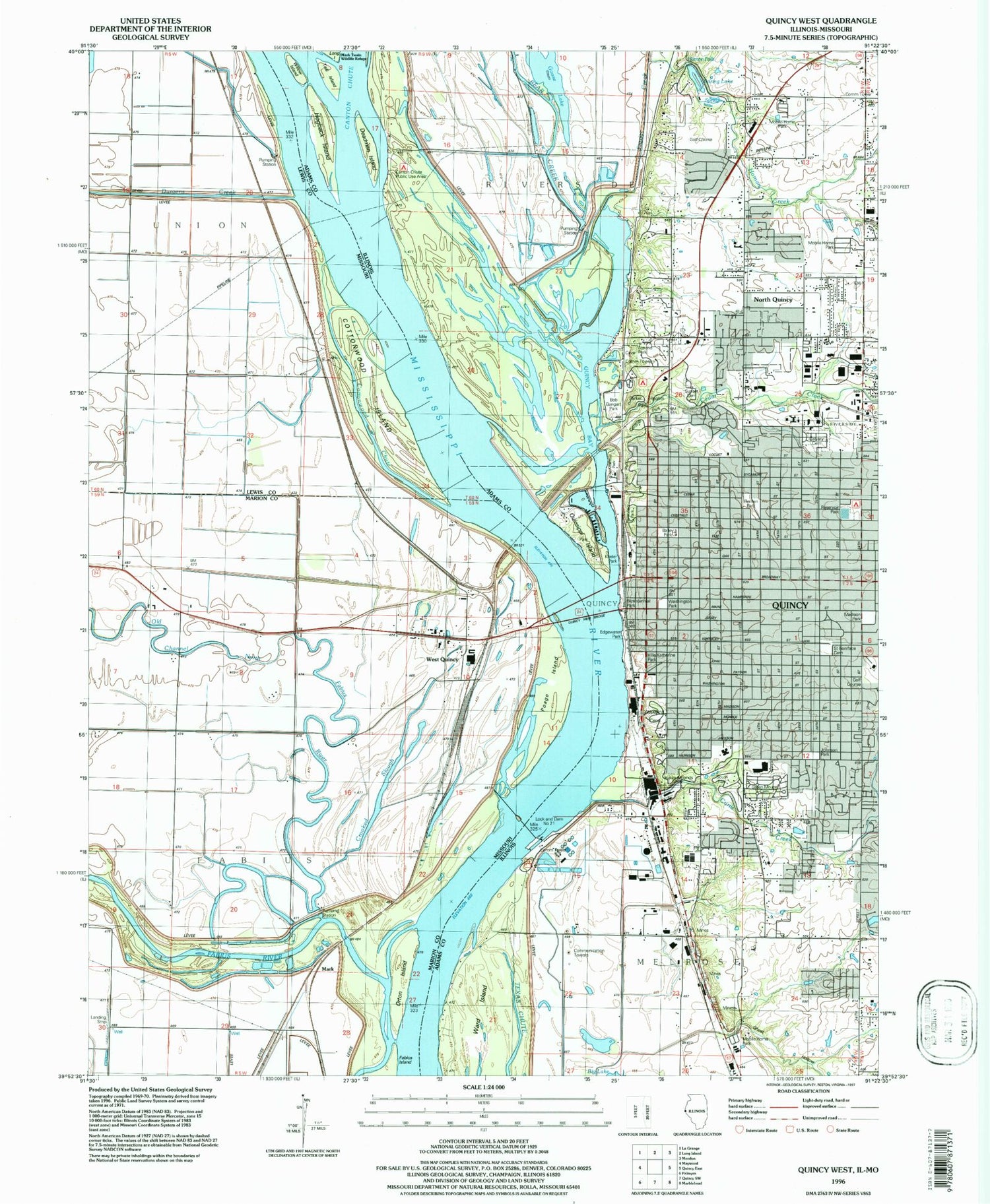 Classic USGS Quincy West Illinois 7.5'x7.5' Topo Map Image