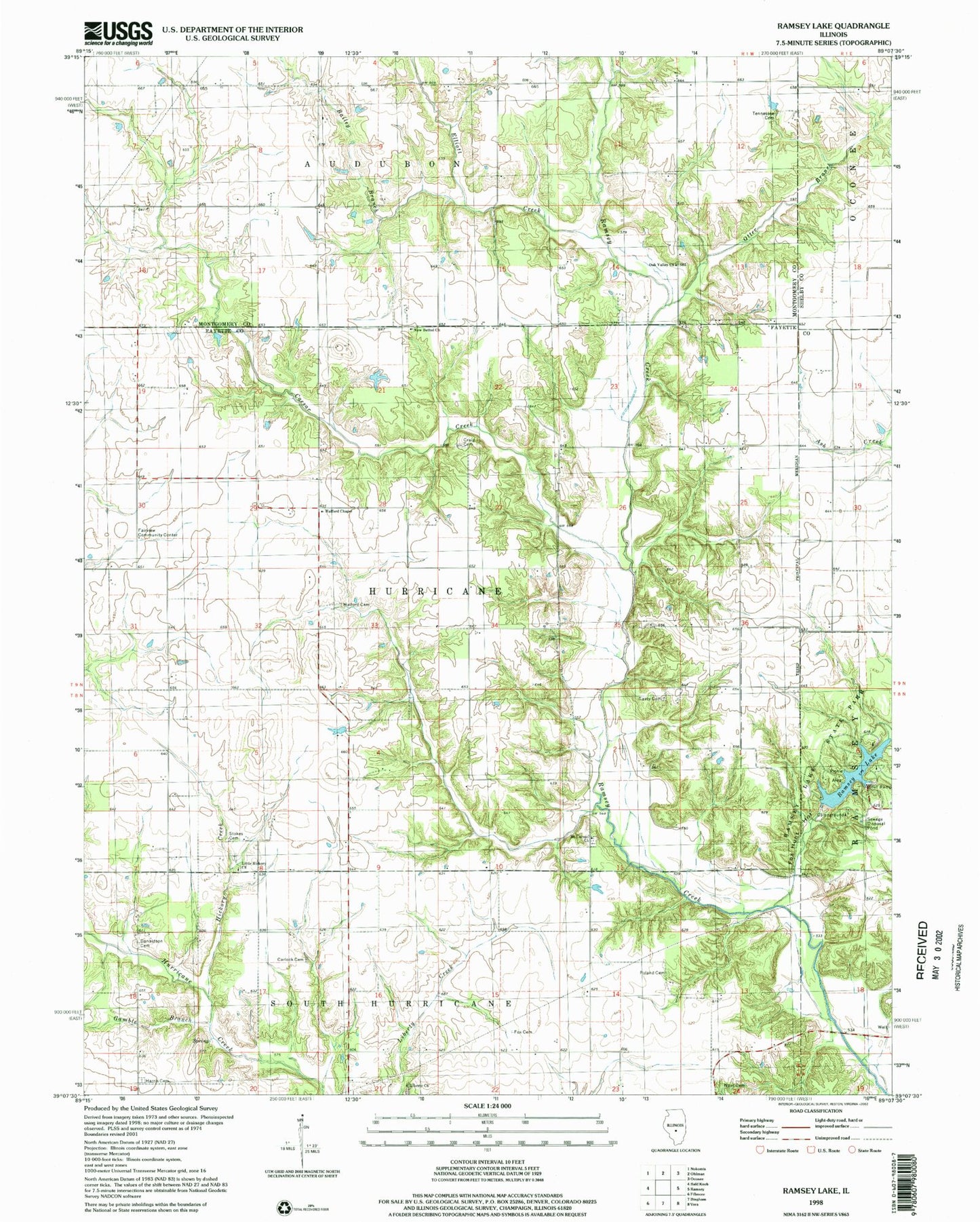 Classic USGS Ramsey Lake Illinois 7.5'x7.5' Topo Map Image